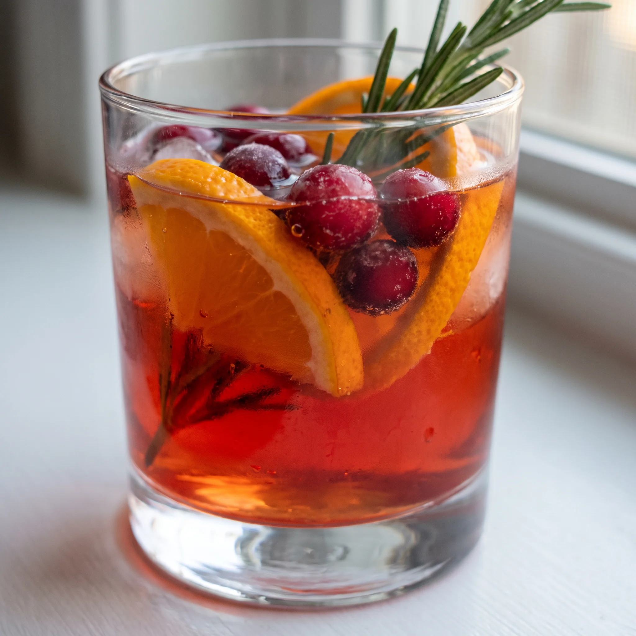 Cranberry Aperol Spritz in a glass with orange slices, frozen cranberries, and a rosemary sprig.