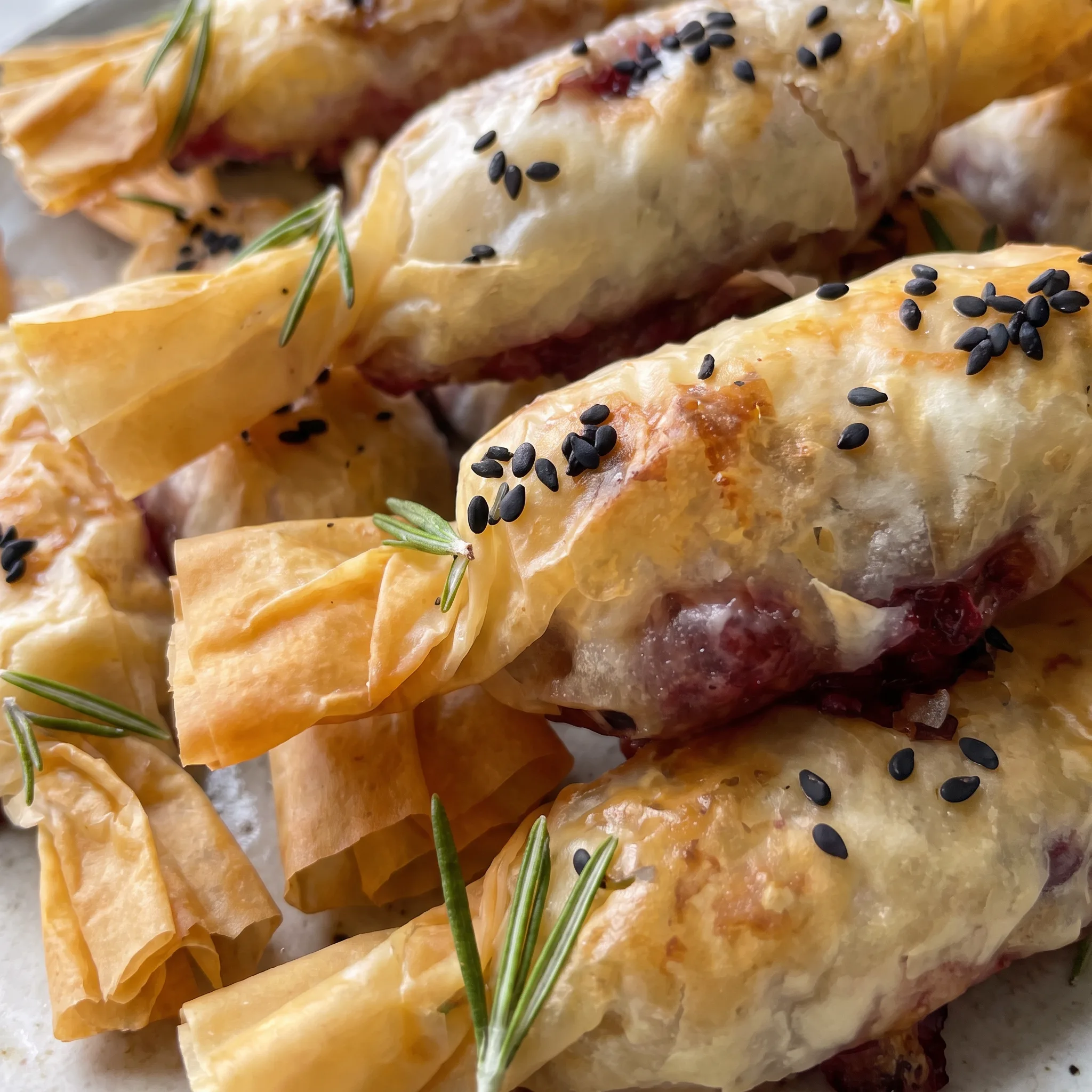 Flaky golden filo cracker topped with soft melted brie, glossy red cranberry sauce, crunchy sliced almonds, and black sesame seeds.