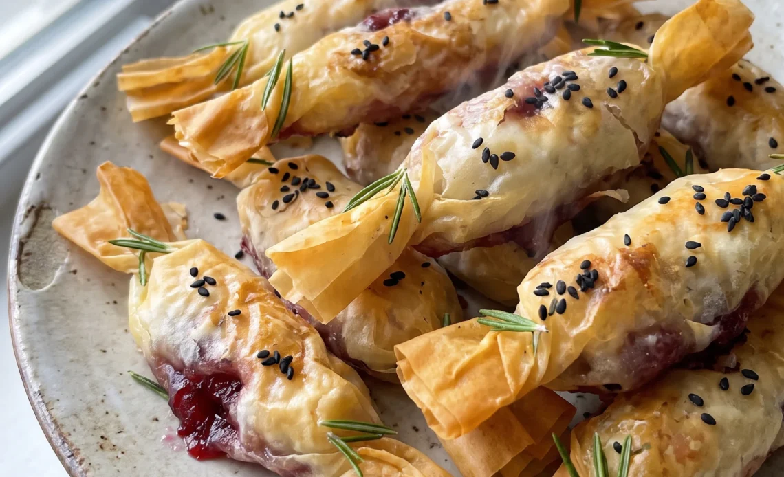 Cranberry brie filo crackers with melted brie, red cranberry sauce, sliced almonds, and black sesame seeds on golden flaky pastry.