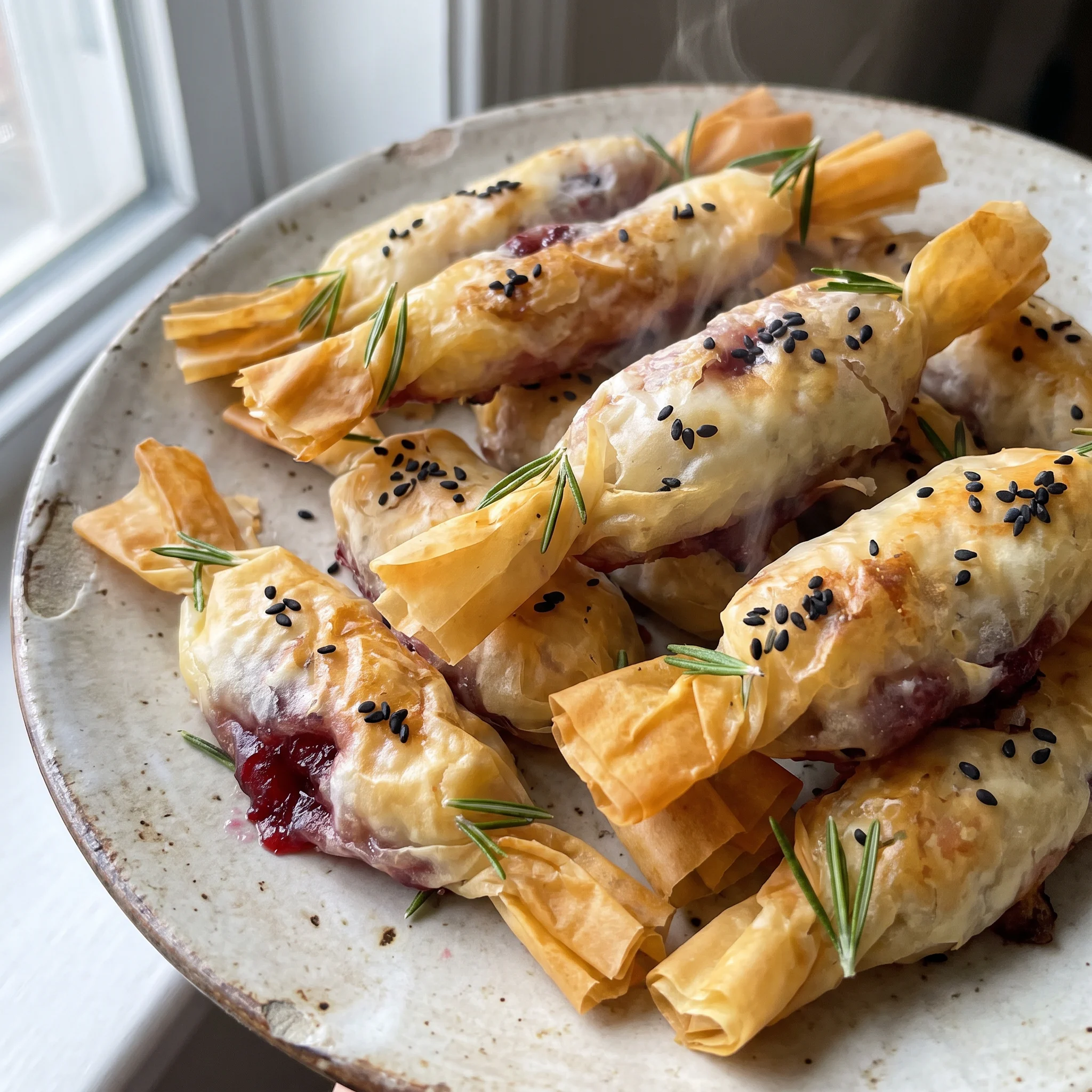 Cranberry brie filo crackers with melted brie, red cranberry sauce, sliced almonds, and black sesame seeds on golden flaky pastry.
