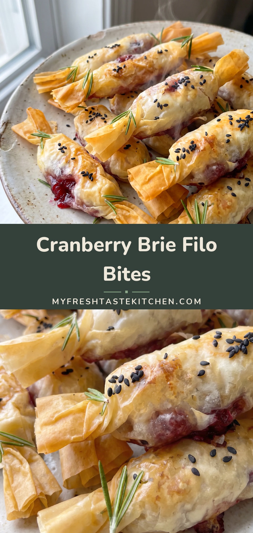 Golden filo crackers filled with melted brie and red cranberry sauce, topped with sliced almonds and black sesame seeds.