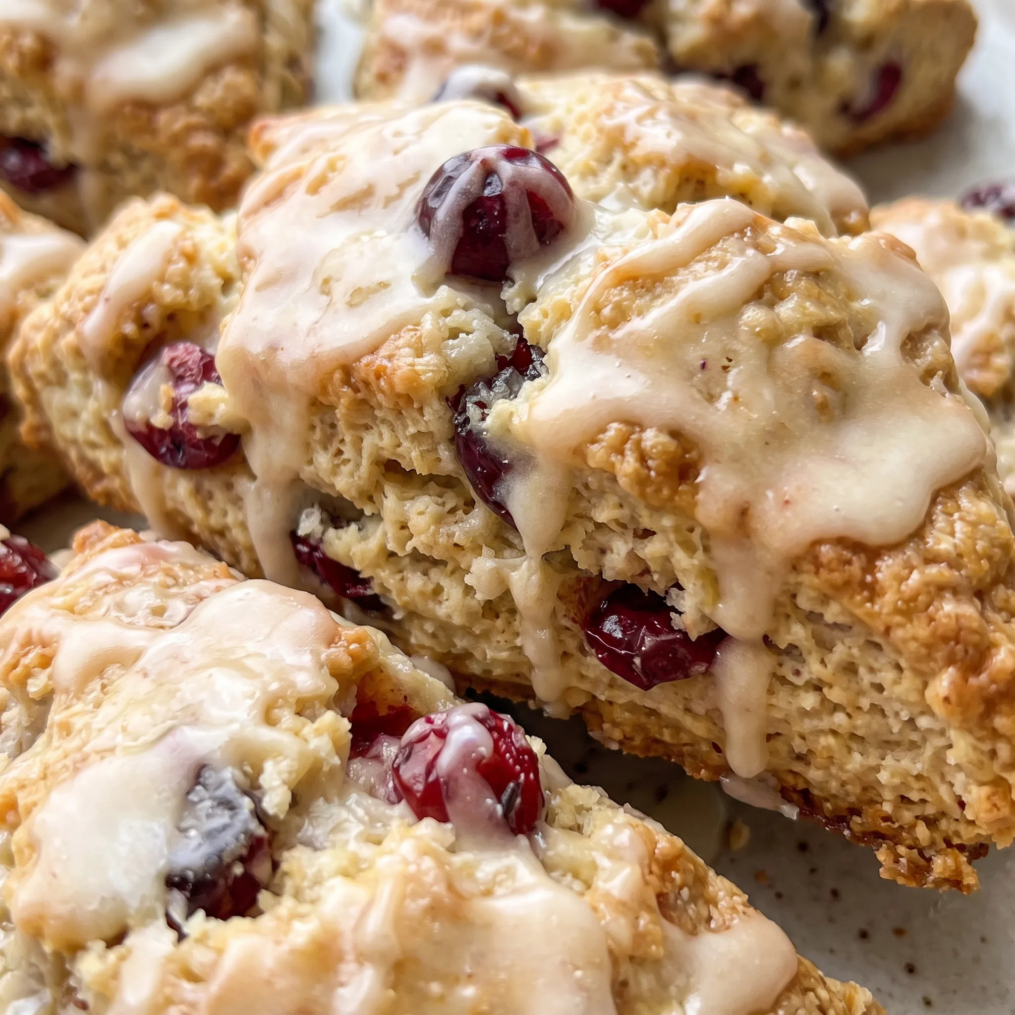 Rough, crumbly scone surface studded with tart red cranberries and bright orange zest, with a lightly crisp golden top.