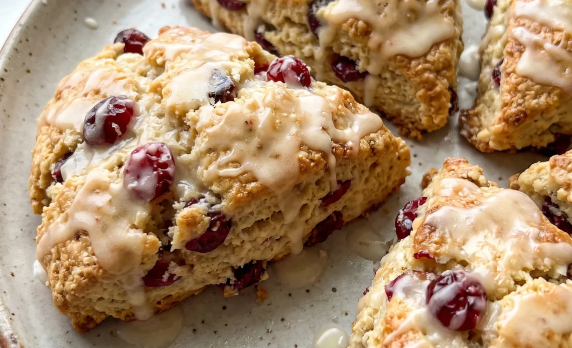 Cranberry orange scones with golden brown crusts, deep red cranberries and flecks of orange zest visible throughout.