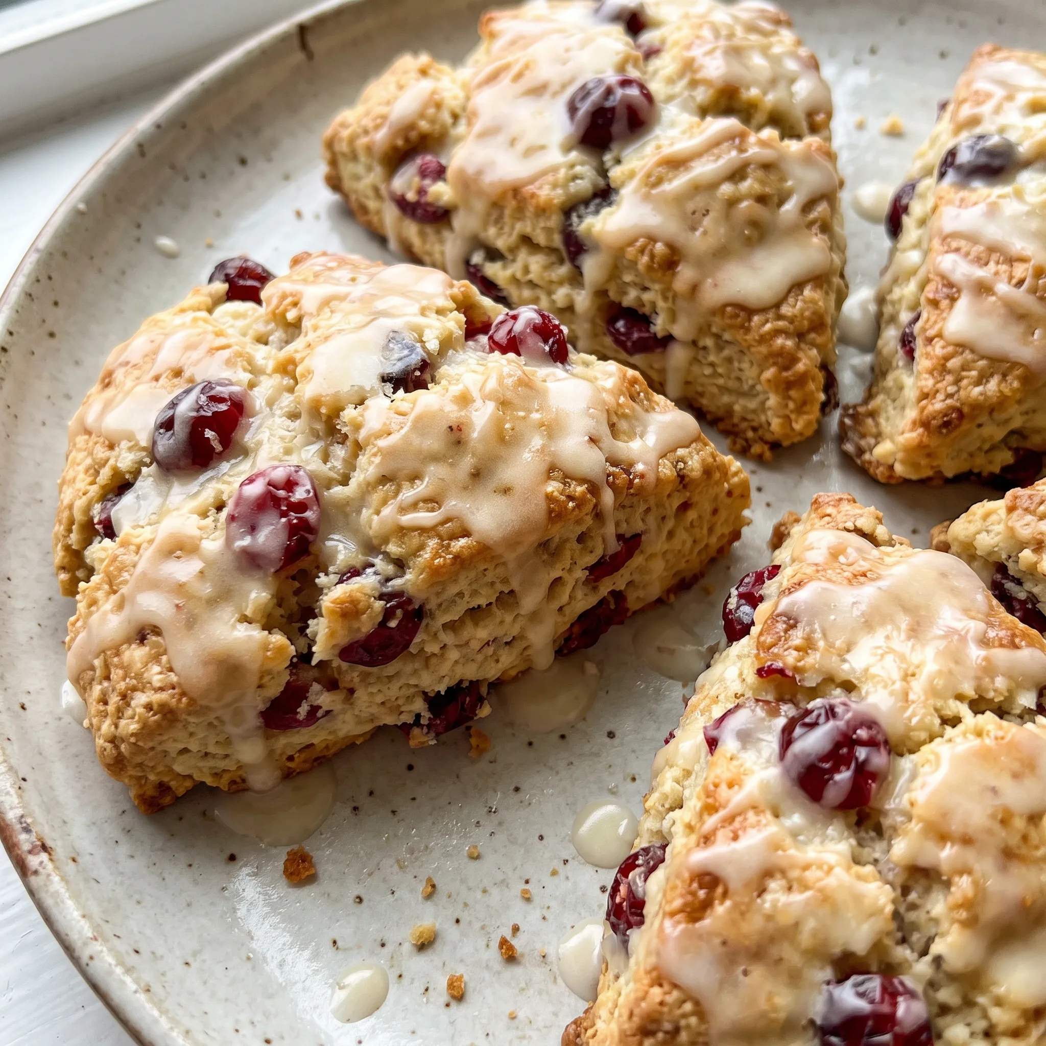 Cranberry orange scones with golden brown crusts, deep red cranberries and flecks of orange zest visible throughout.