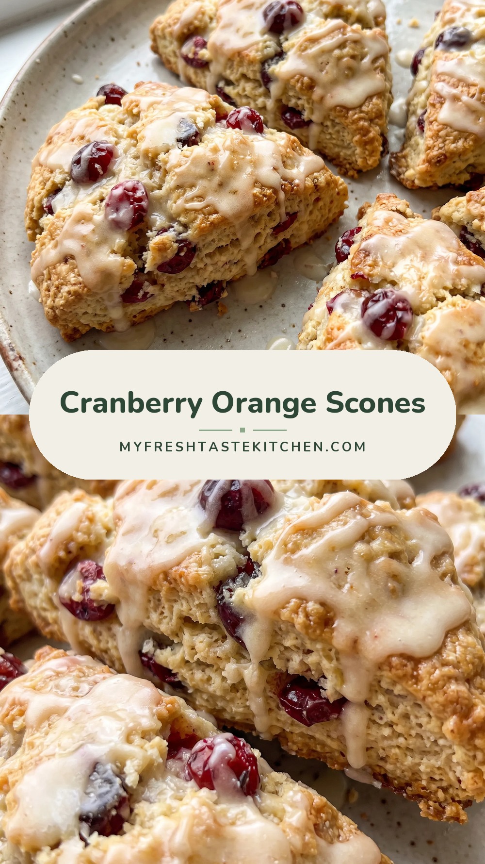 Golden wedge-shaped scones flecked with red cranberries and orange zest, tender and crumbly with a lightly browned top.