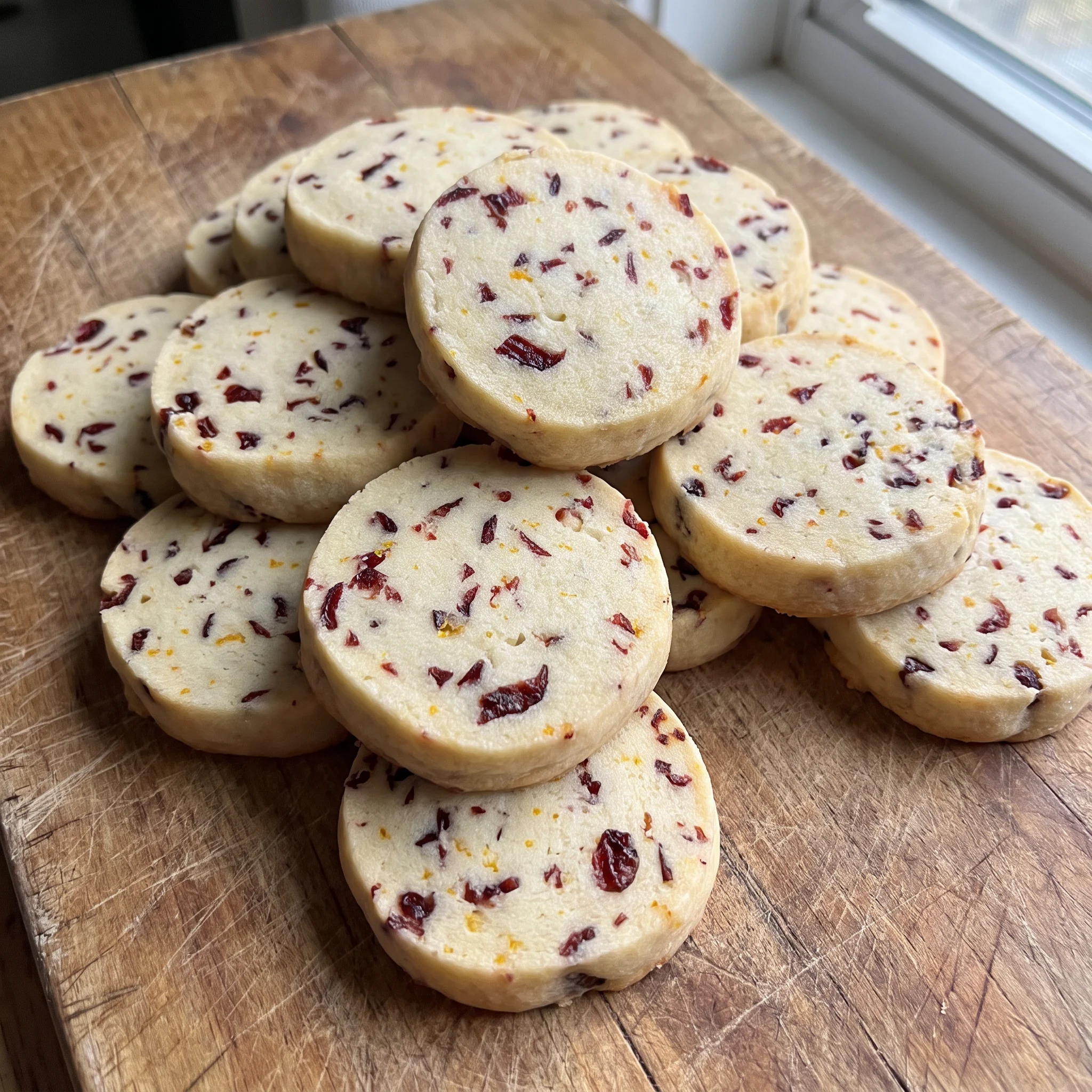 Cranberry orange shortbread cookies with dried cranberries and orange zest visible throughout the golden crumbly rounds.