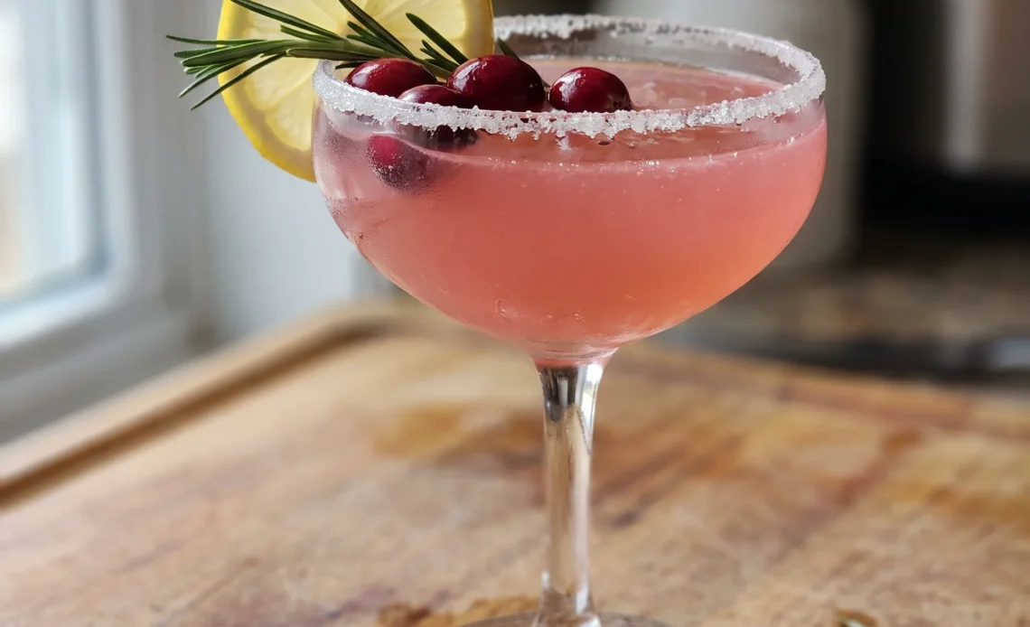 A cranberry rosemary lemon drop cocktail with whole cranberries, a lemon wedge, and a fresh rosemary sprig.