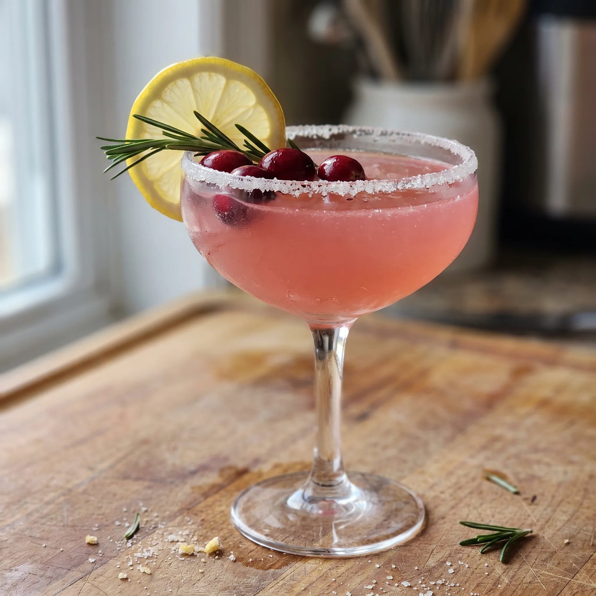A cranberry rosemary lemon drop cocktail with whole cranberries, a lemon wedge, and a fresh rosemary sprig.