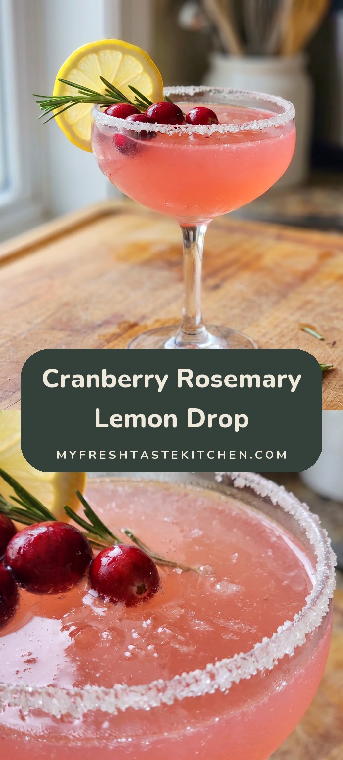 Pink cocktail in a sugar-rimmed coupe garnished with cranberries, a rosemary sprig and a lemon wheel.