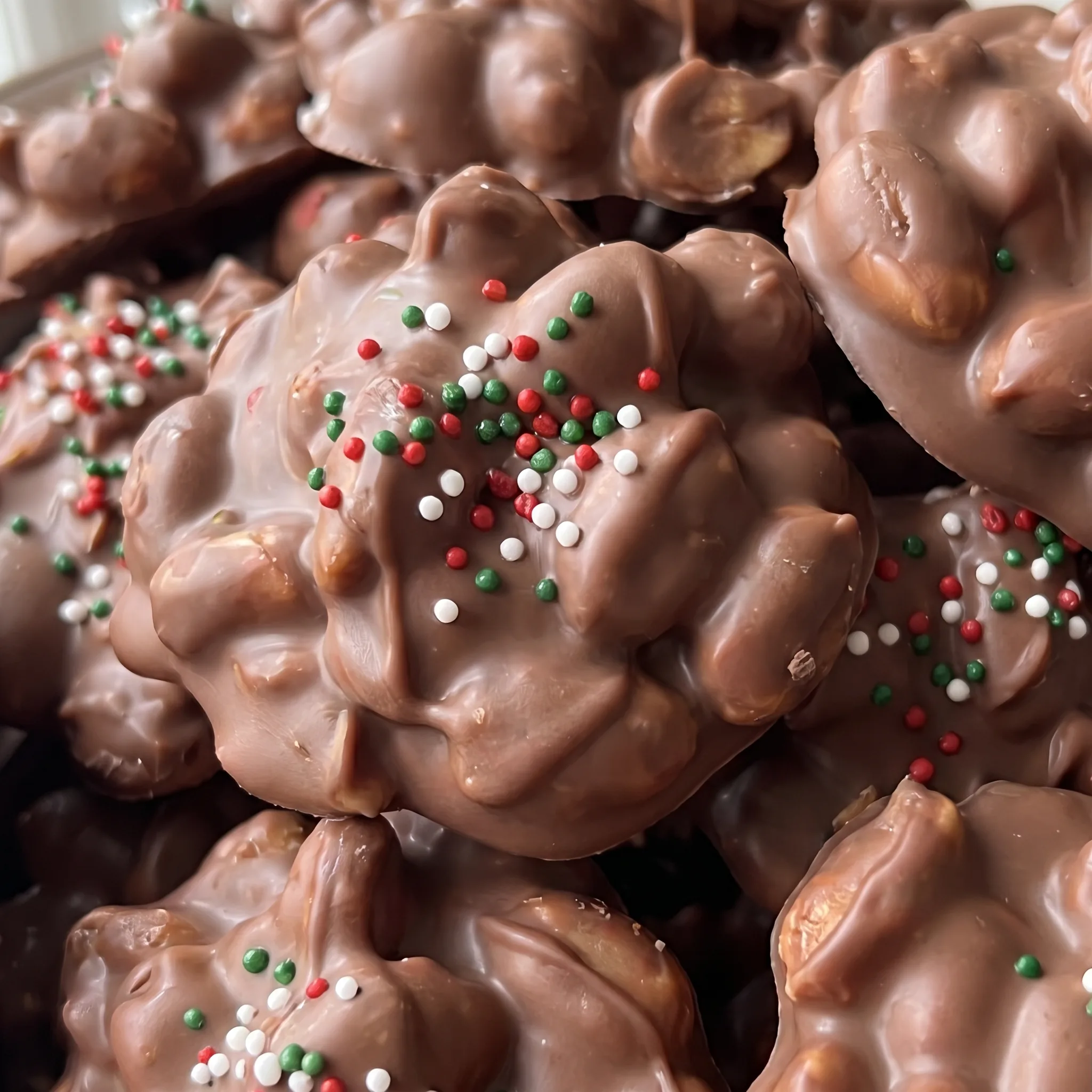 Glossy chocolate bark pieces and peanuts set in white and dark chocolate, showing a bumpy, cracked texture.