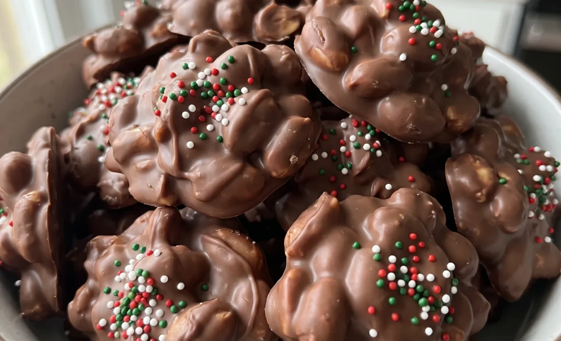 Peanut clusters coated in white and semi-sweet chocolate with chocolate bark pieces throughout.