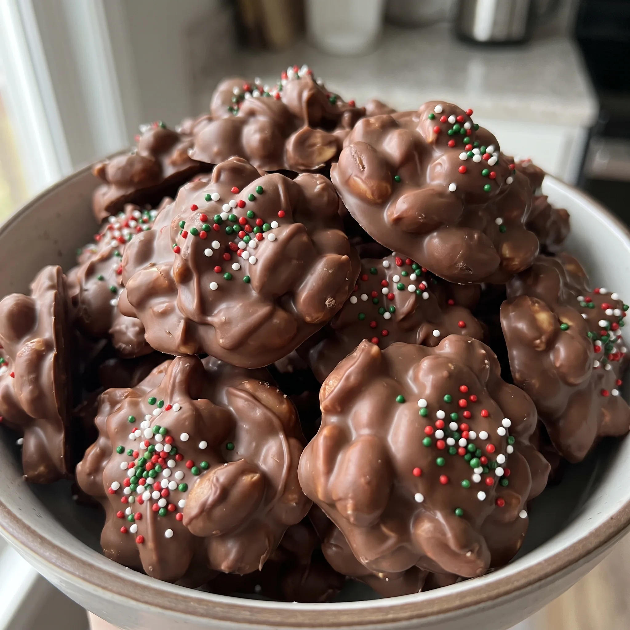 Peanut clusters coated in white and semi-sweet chocolate with chocolate bark pieces throughout.