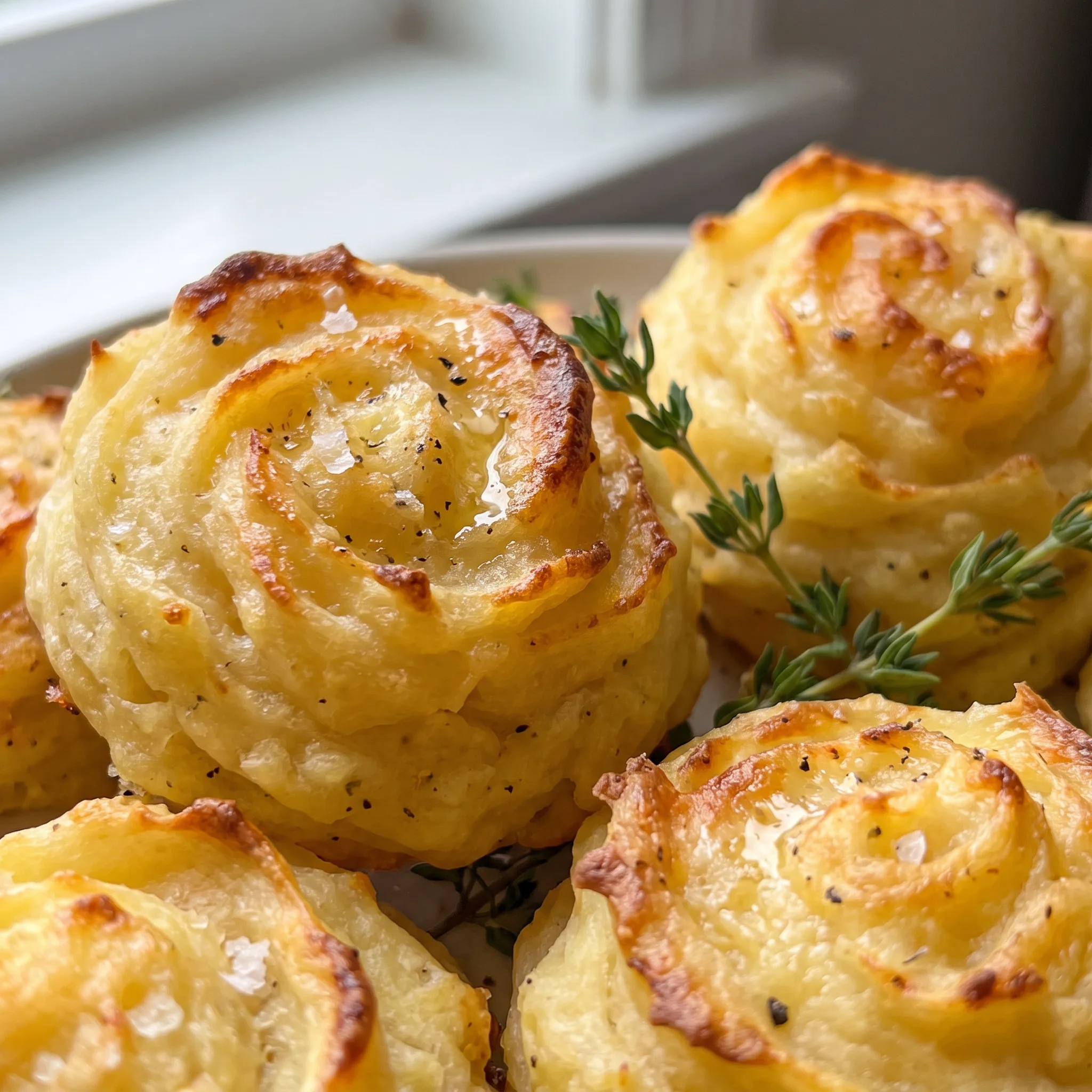 Crisp browned ridges on a piped potato swirl, with shiny butter and green chive flecks.