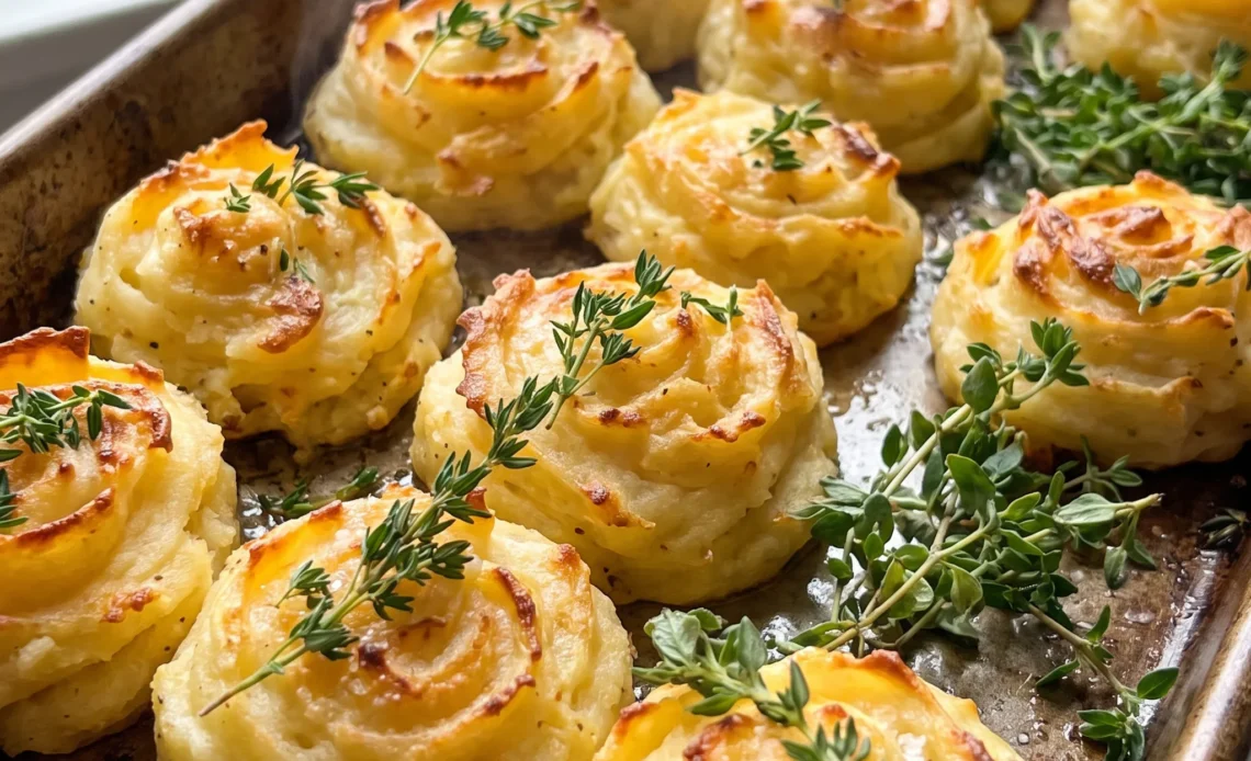 Duchess potatoes piped into golden swirls, topped with melted butter, grated Parmesan and chopped chives.
