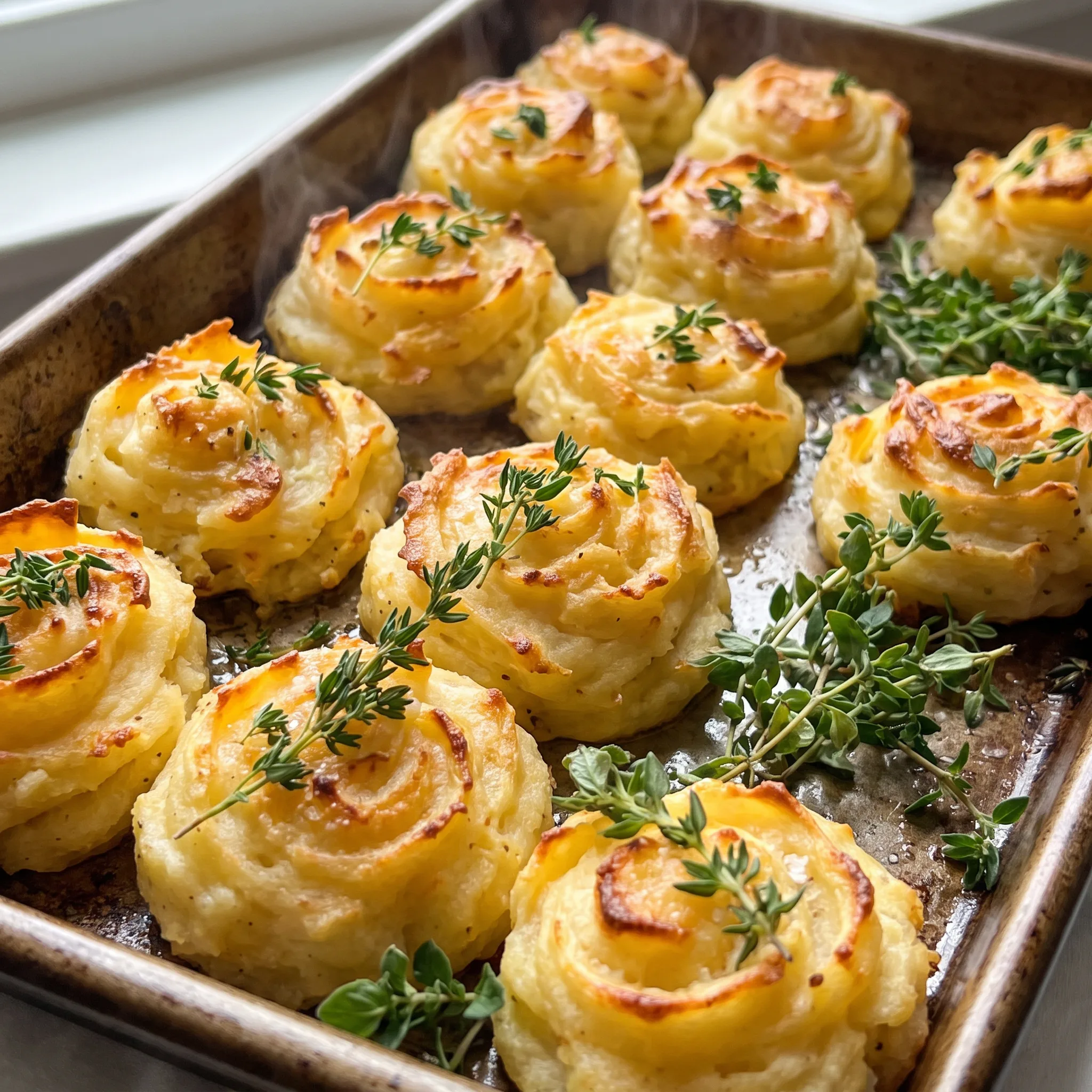 Duchess potatoes piped into golden swirls, topped with melted butter, grated Parmesan and chopped chives.