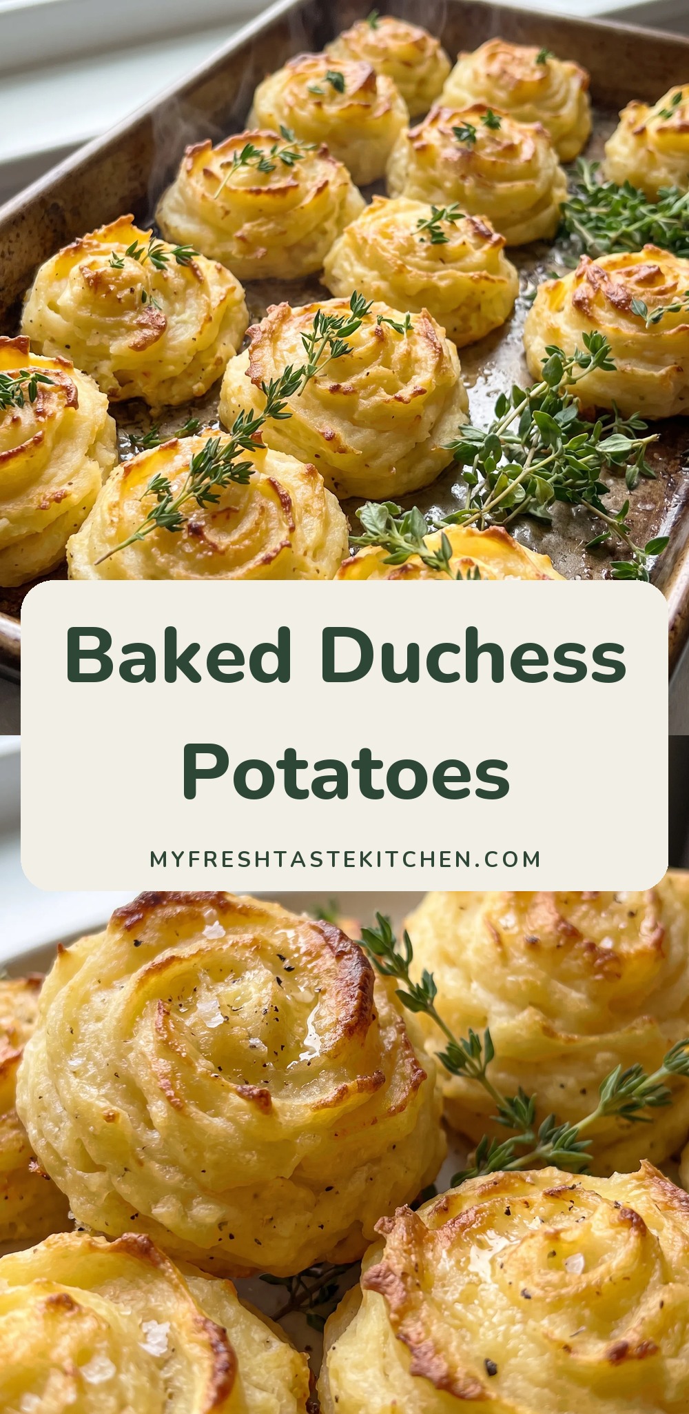 Golden-brown piped potato rosettes with crisp ridged swirls, speckled with chopped green chives and grated Parmesan.