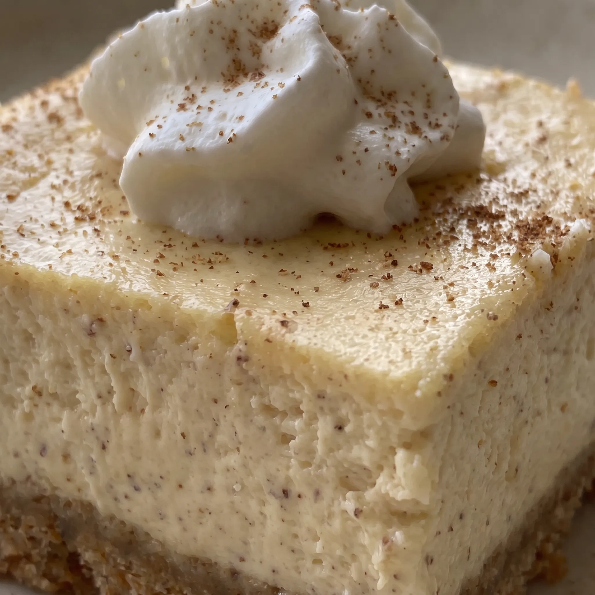 A slice of eggnog cheesecake bar shows a creamy pale yellow center over a crumbly golden graham cracker crust, topped with nutmeg.