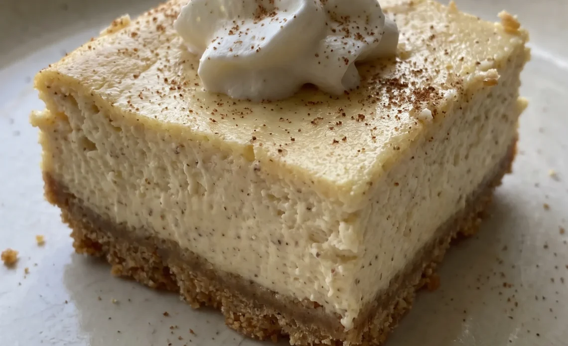 Eggnog cheesecake bars on a graham cracker crust with a smooth, pale yellow filling and a dusting of nutmeg.