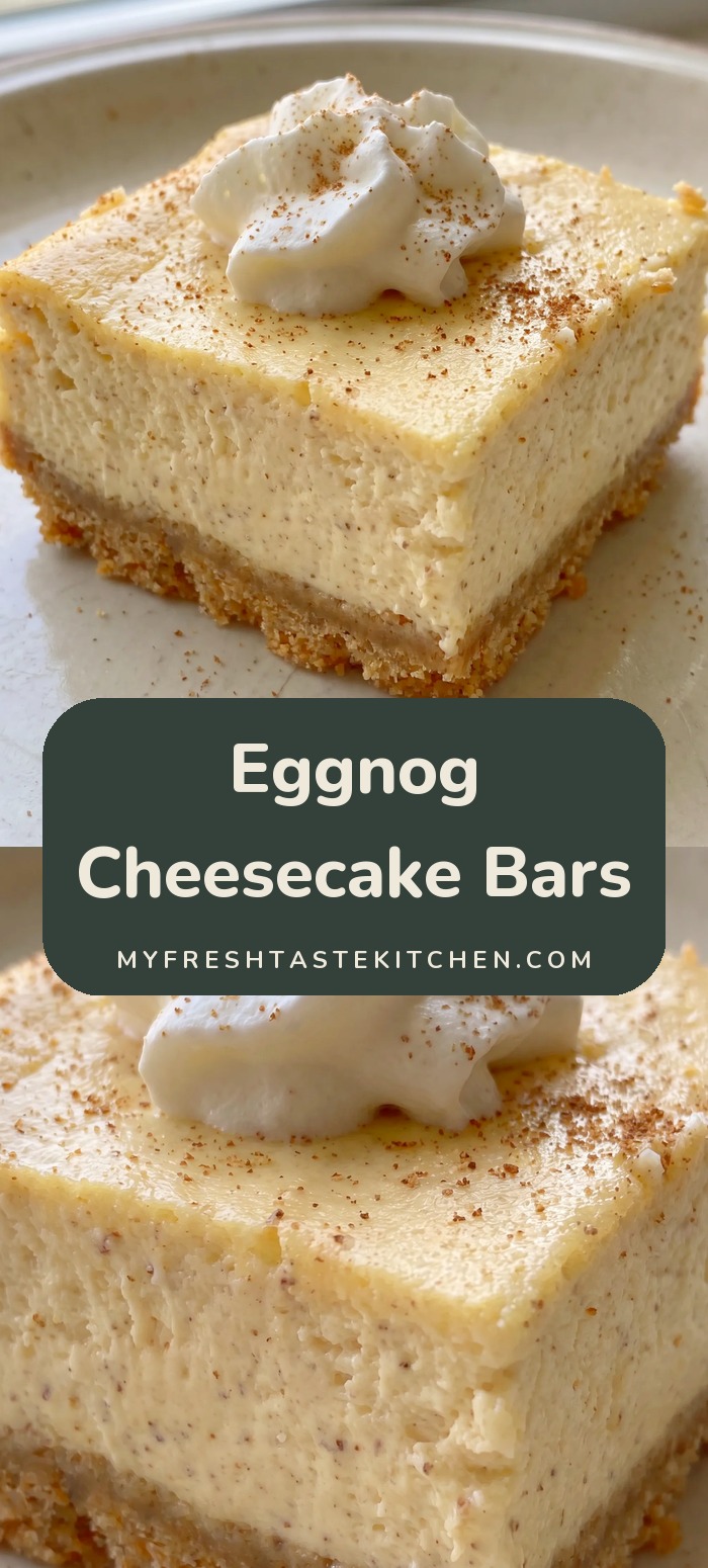 Creamy eggnog cheesecake bars on a golden graham cracker crust, topped with a dusting of nutmeg.
