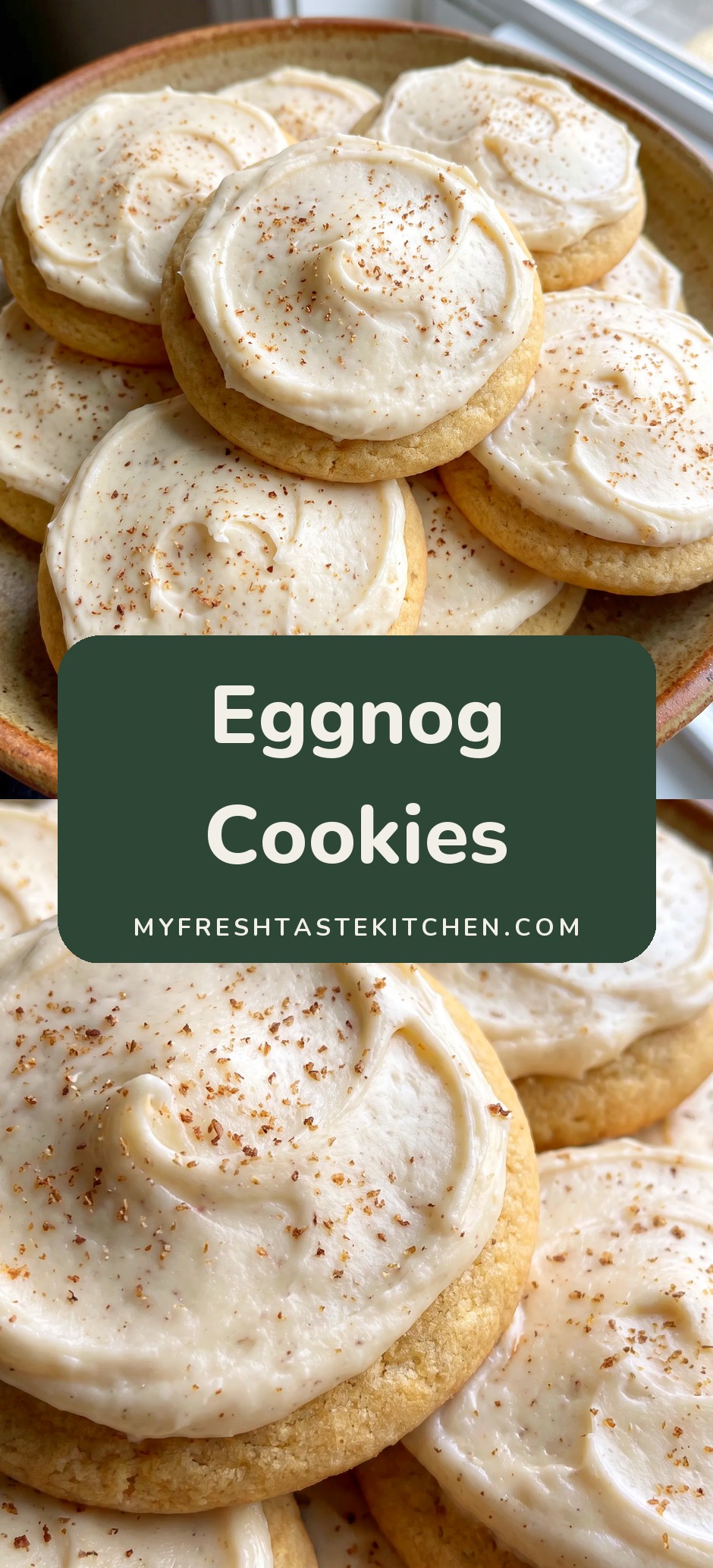 Pale golden eggnog cookies topped with swirled white frosting and a dusting of nutmeg and cinnamon, with butter and eggnog visible nearby.