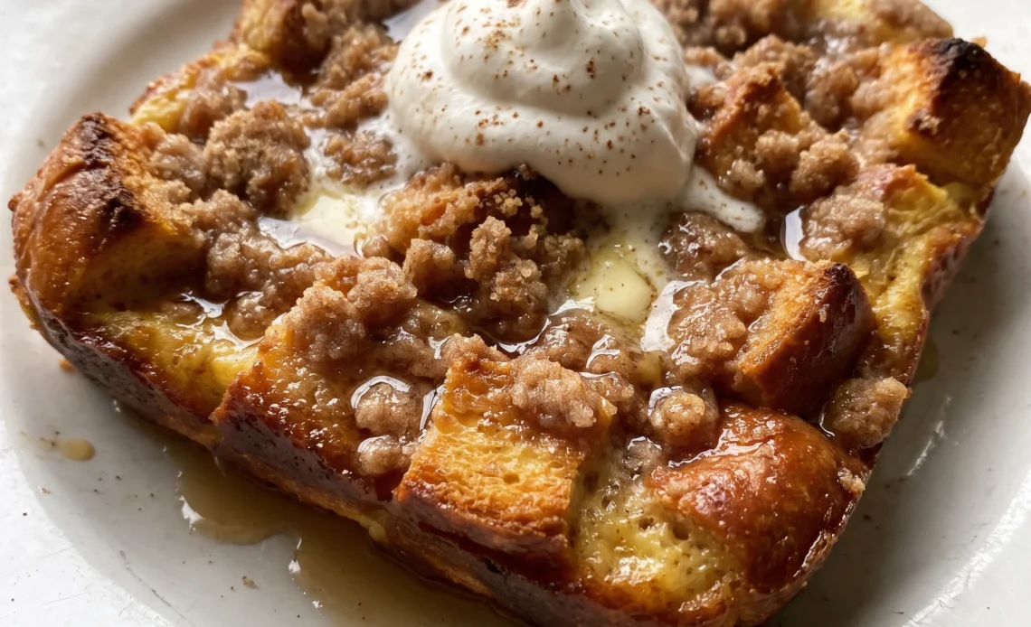 Eggnog French toast bake with cubed bread, golden custard soaked through, and a crumb topping scattered across the top.