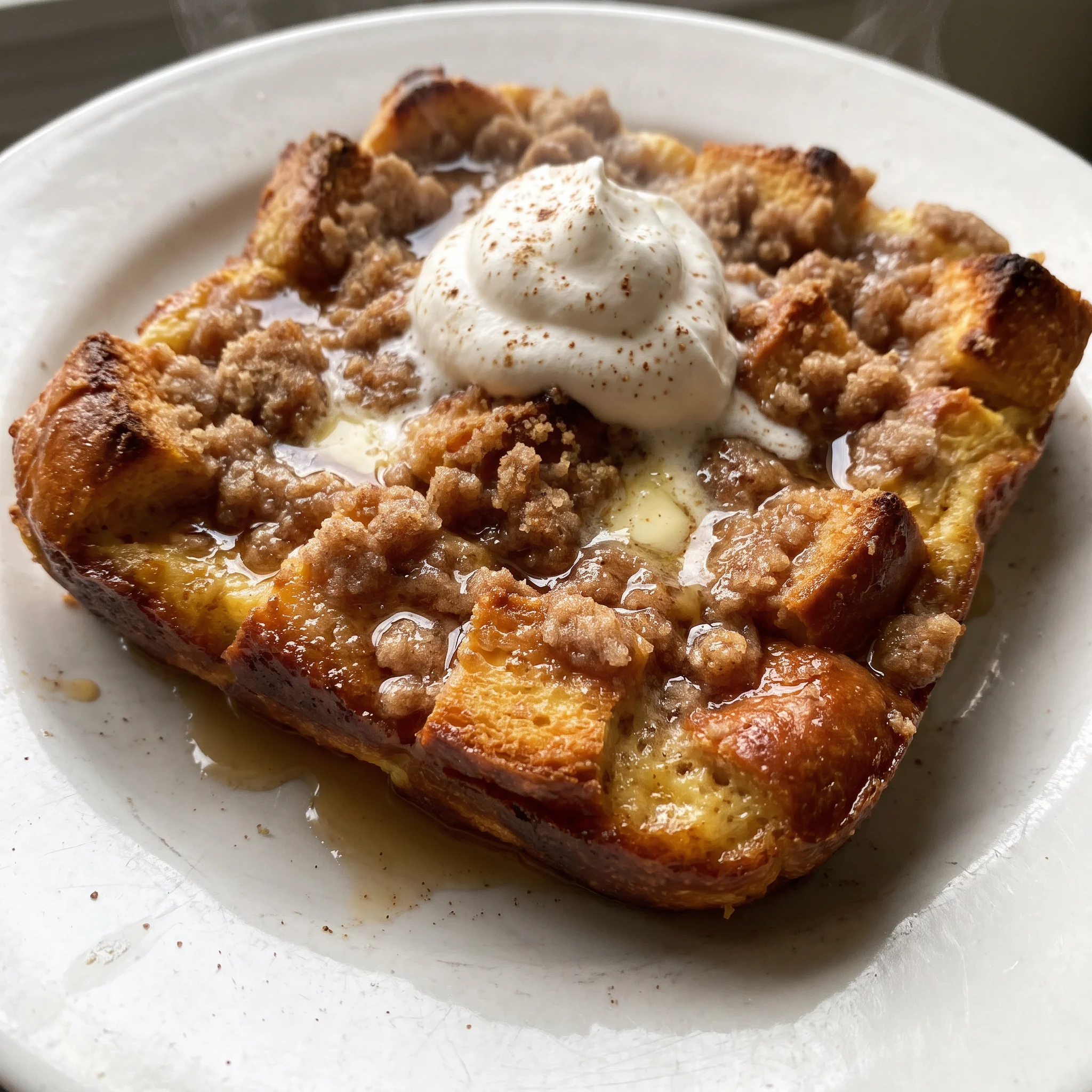 Eggnog French toast bake with cubed bread, golden custard soaked through, and a crumb topping scattered across the top.