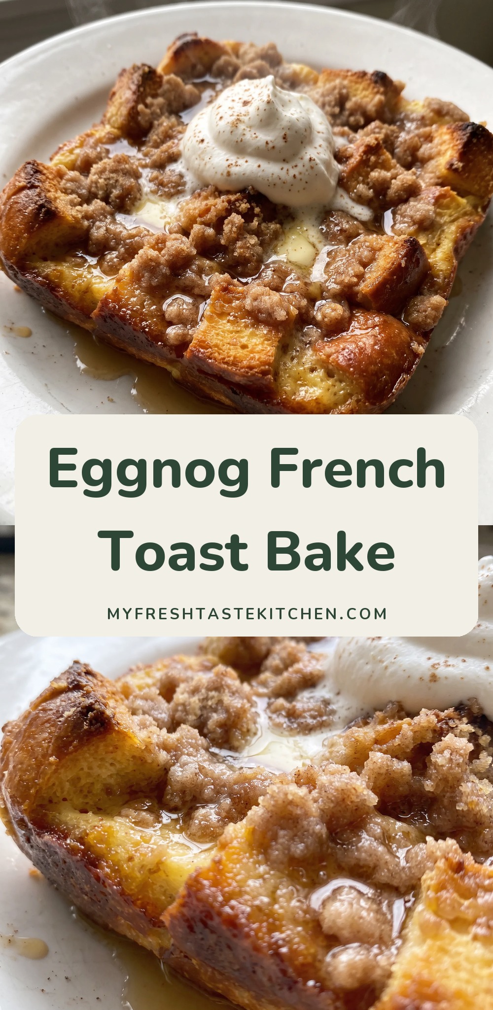 Golden baked French toast cubes soaked in eggnog and eggs, topped with a clumpy brown sugar crumb topping.