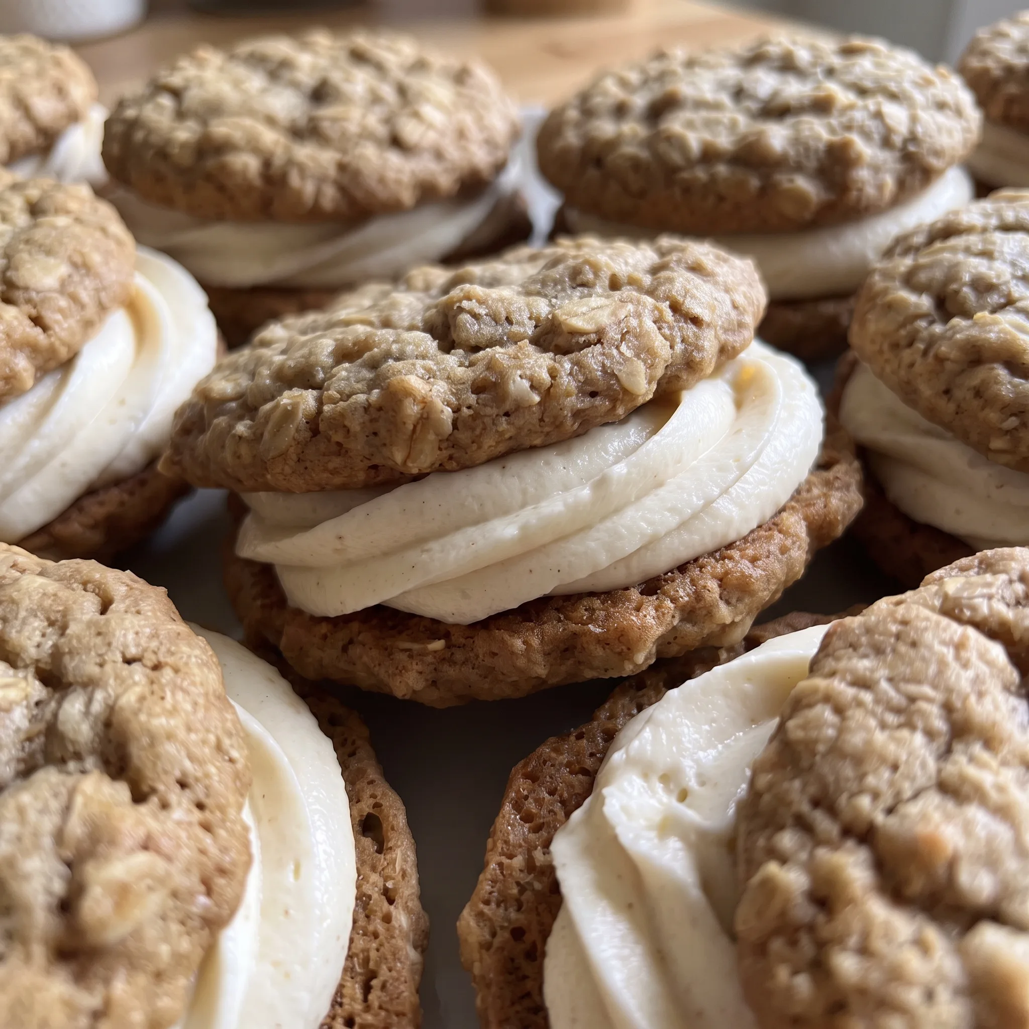Pale buttercream filling pressed between two chewy oatmeal cookies speckled with cinnamon and nutmeg.