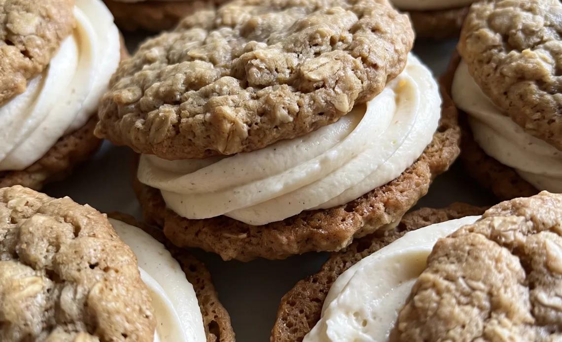 Eggnog oatmeal cream pies: two golden cinnamon-nutmeg oat cookies sandwiching thick pale buttercream filling.