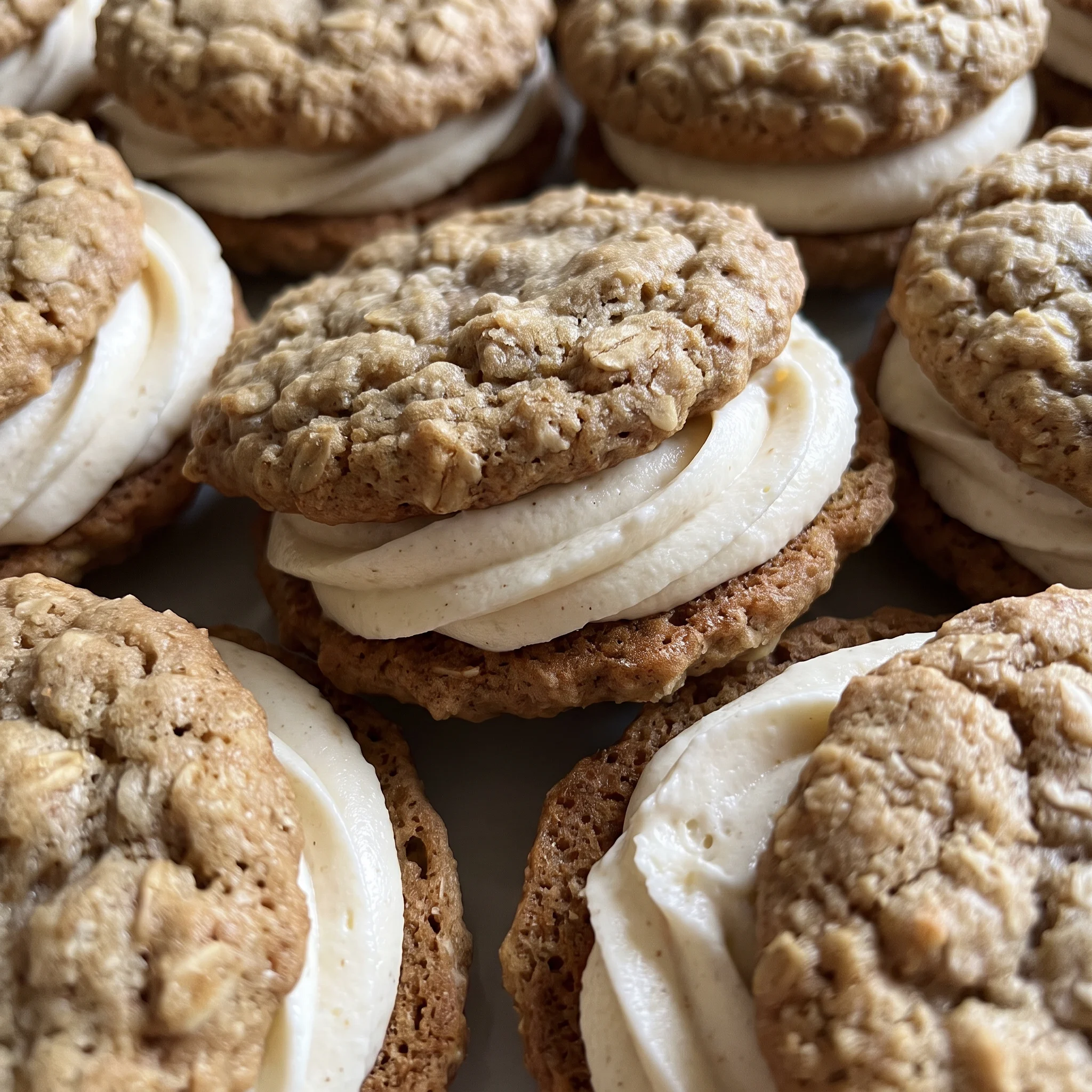 Eggnog oatmeal cream pies: two golden cinnamon-nutmeg oat cookies sandwiching thick pale buttercream filling.