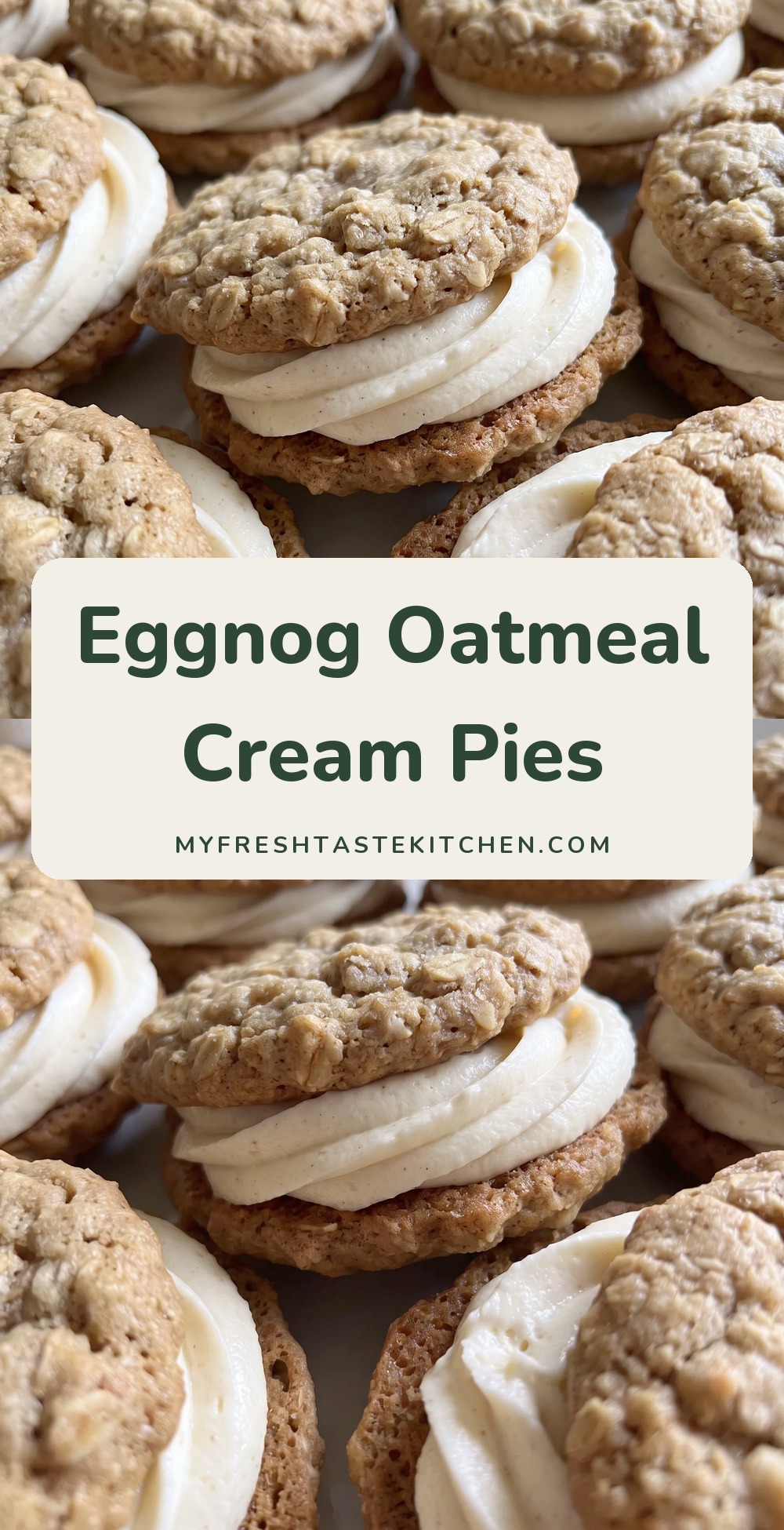 Stack of oatmeal cookie sandwiches filled with thick white cream.