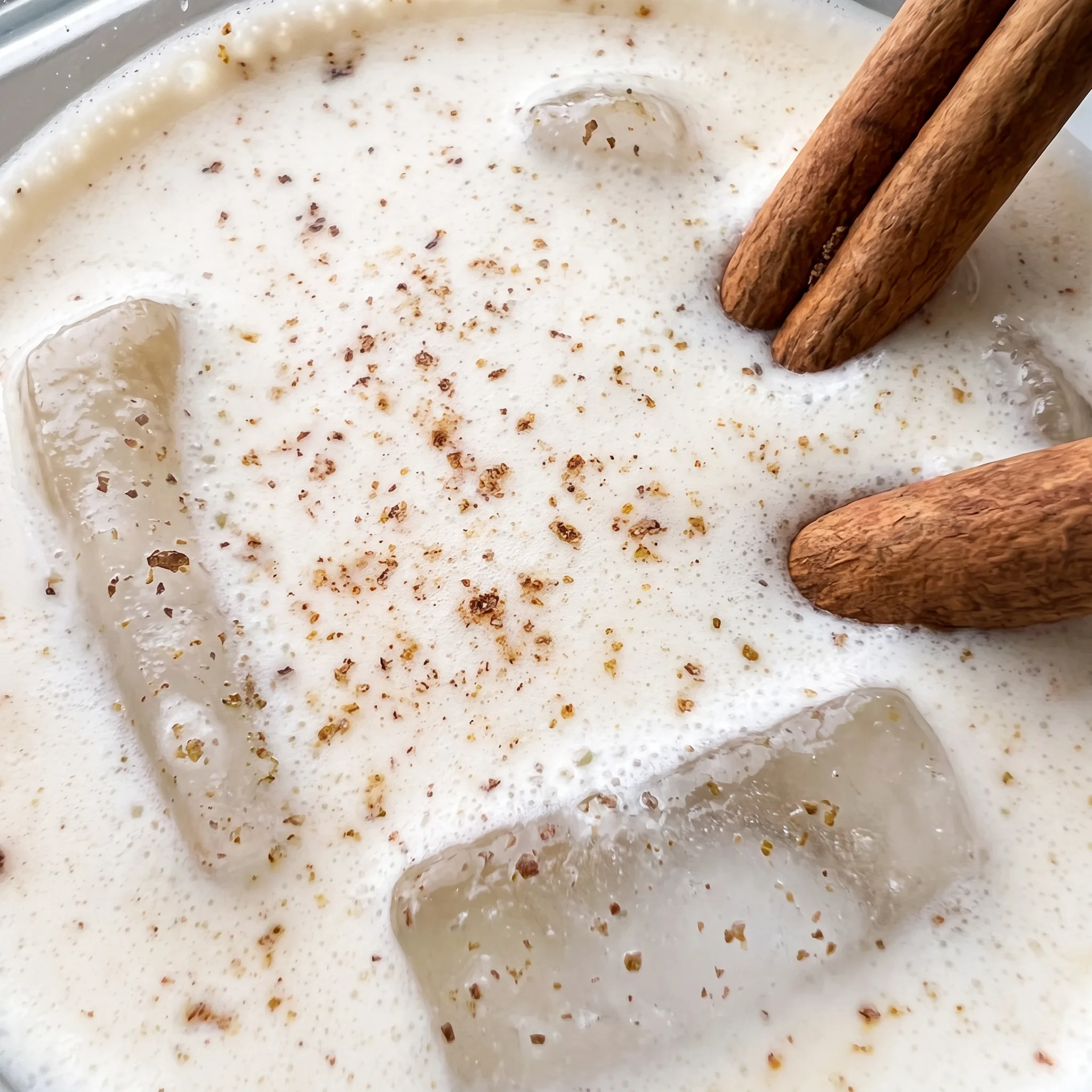 Creamy eggnog and vodka drink with a coffee liqueur layer and speckled nutmeg dusting on the surface.