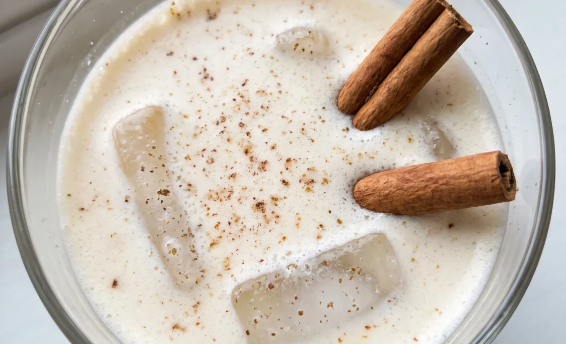 Eggnog White Russian in a glass, pale cream liquid topped with dark coffee liqueur swirl and grated nutmeg.