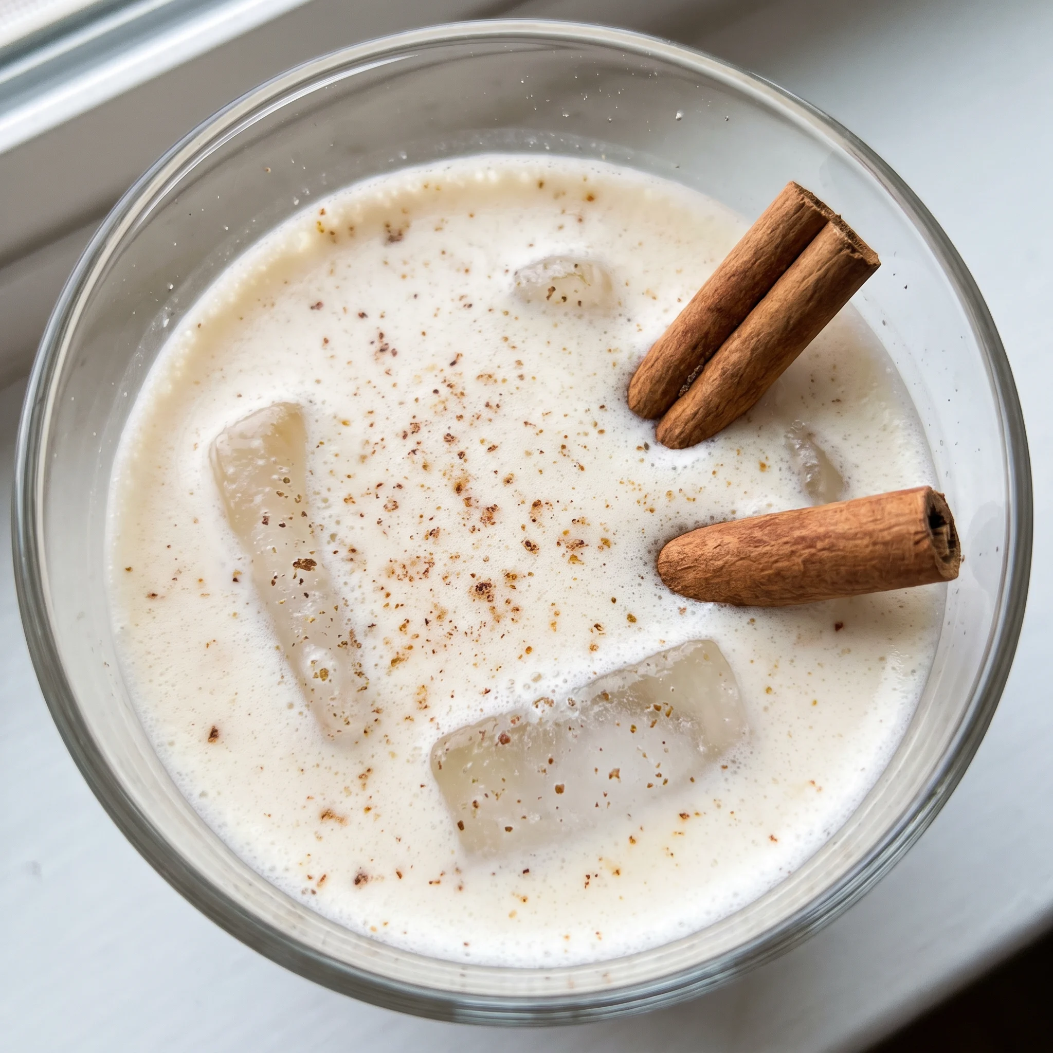 Eggnog White Russian in a glass, pale cream liquid topped with dark coffee liqueur swirl and grated nutmeg.