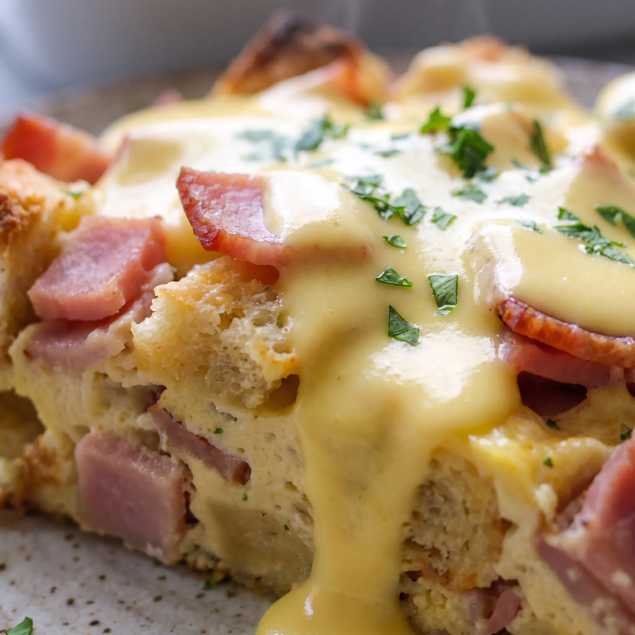 Creamy hollandaise sauce coating baked eggs, melted Monterey Jack cheese, and savory Canadian bacon over toasted English muffin chunks.