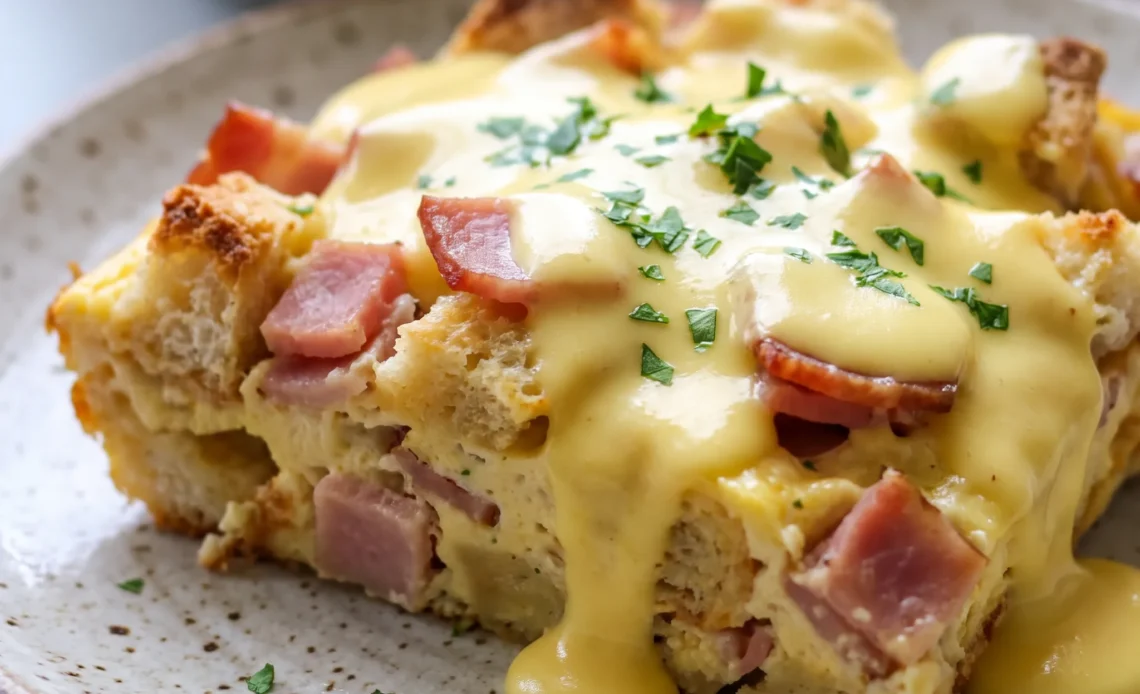 Eggs Benedict casserole with English muffin pieces, Canadian bacon, baked eggs, Monterey Jack cheese, and hollandaise on top.