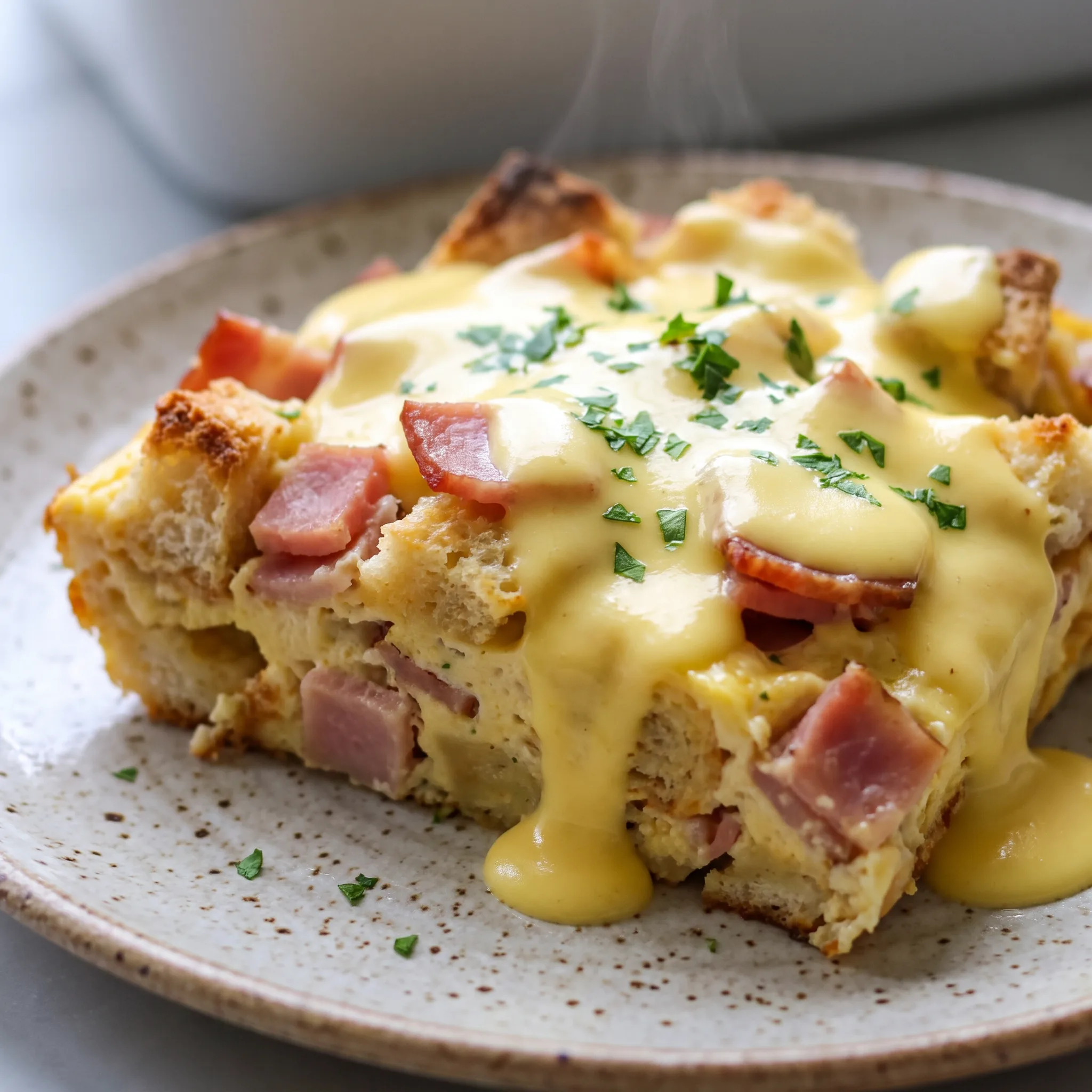 Eggs Benedict casserole with English muffin pieces, Canadian bacon, baked eggs, Monterey Jack cheese, and hollandaise on top.