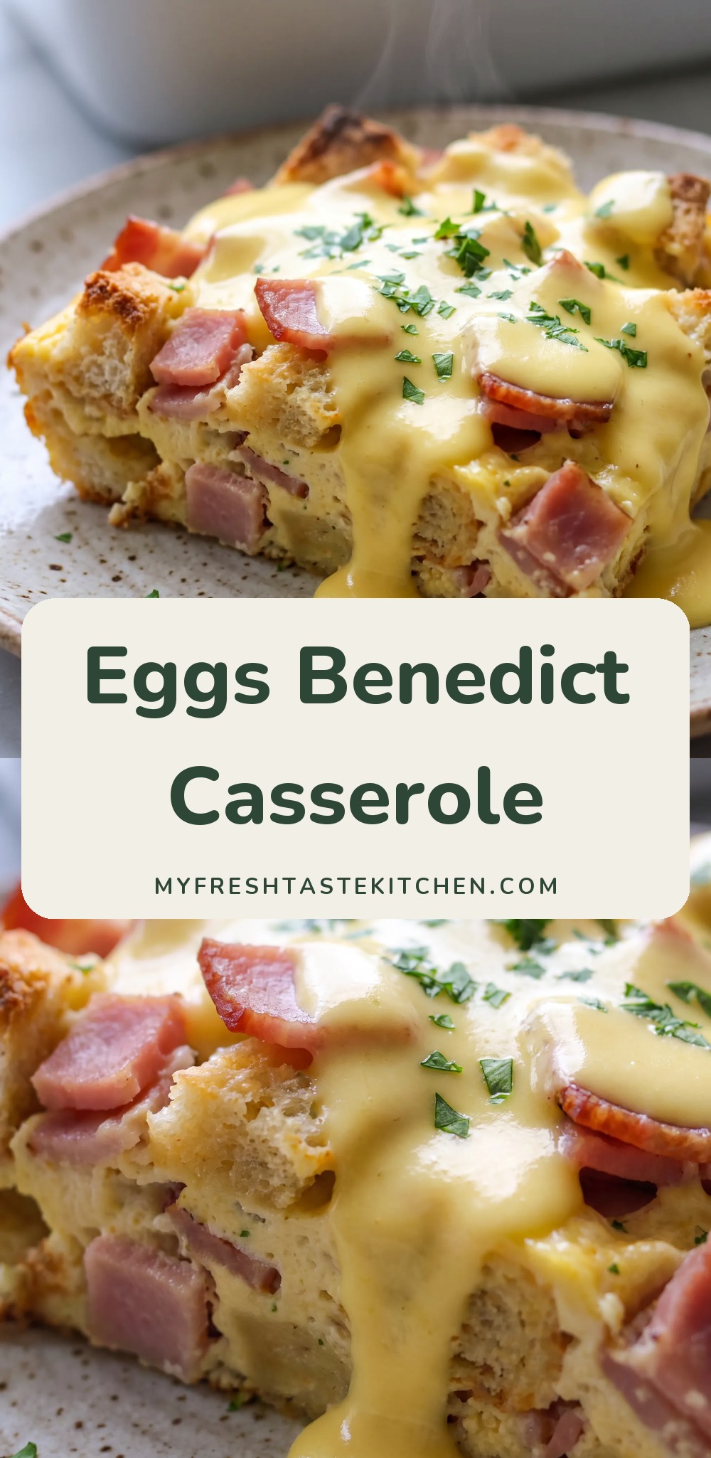 Golden toasted English muffin cubes layered with chopped Canadian bacon and melted Monterey Jack cheese, baked in creamy egg custard and topped with pale yellow hollandaise sauce.