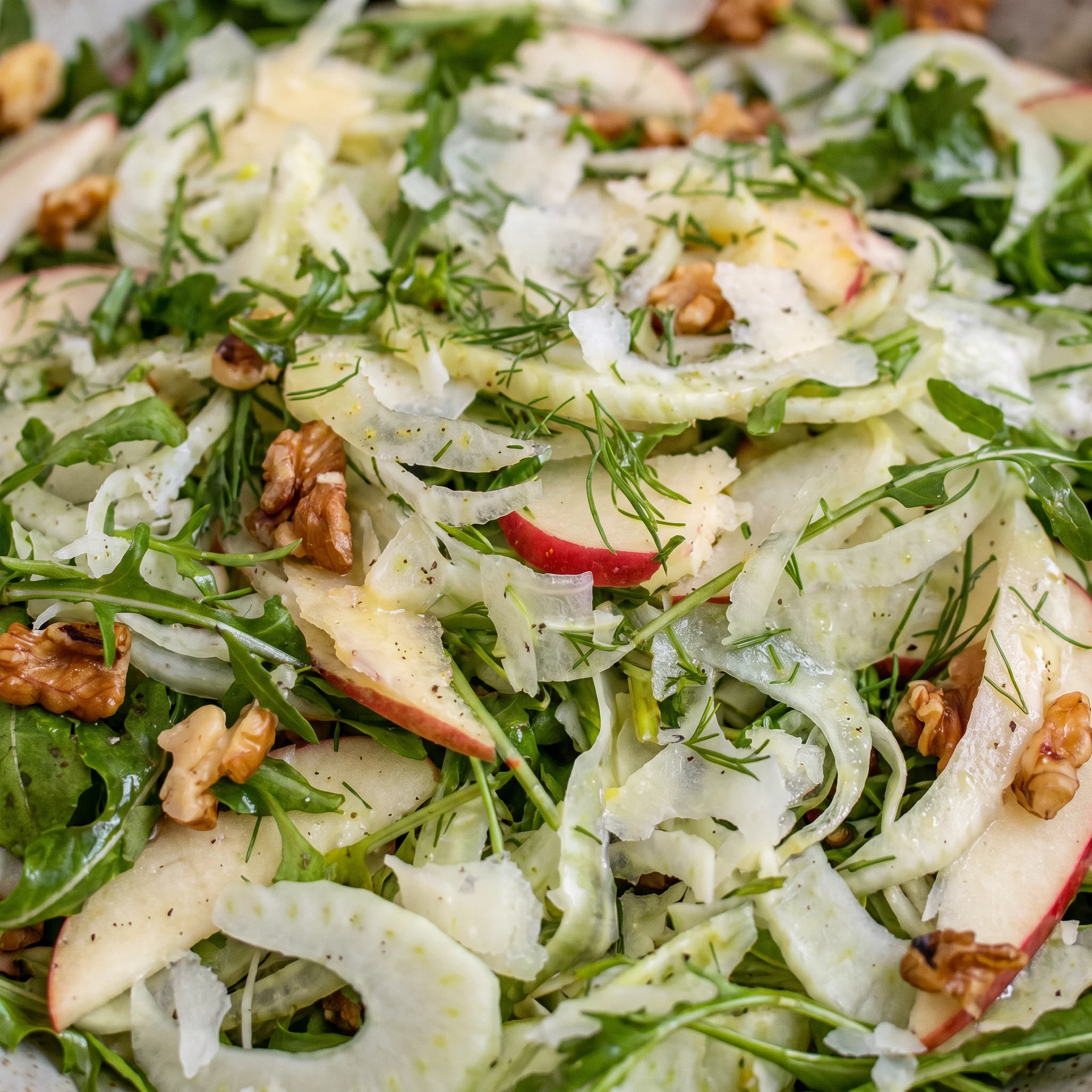 Crisp shaved fennel and pale apple slices with green arugula, walnut pieces, and pecorino shavings.