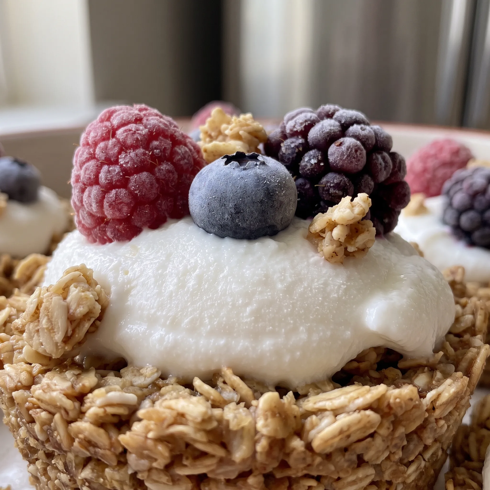 Creamy Greek yogurt in crisp granola cups, topped with glossy fresh berries.