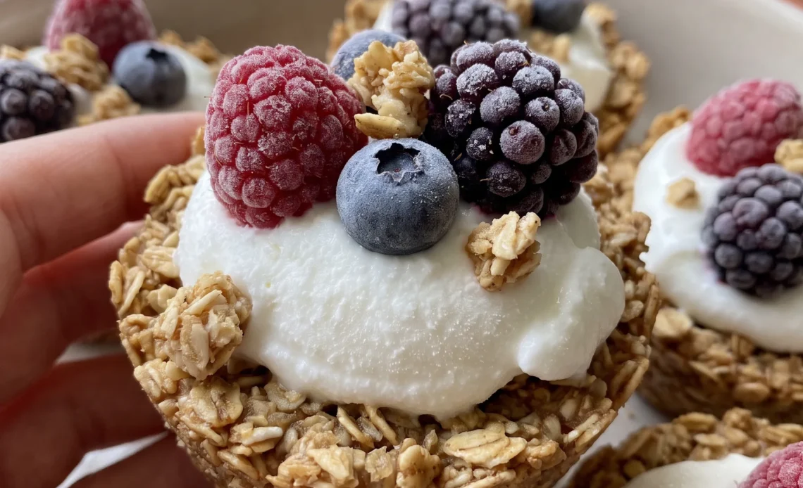 Granola cups filled with Greek yogurt and topped with fresh berries.