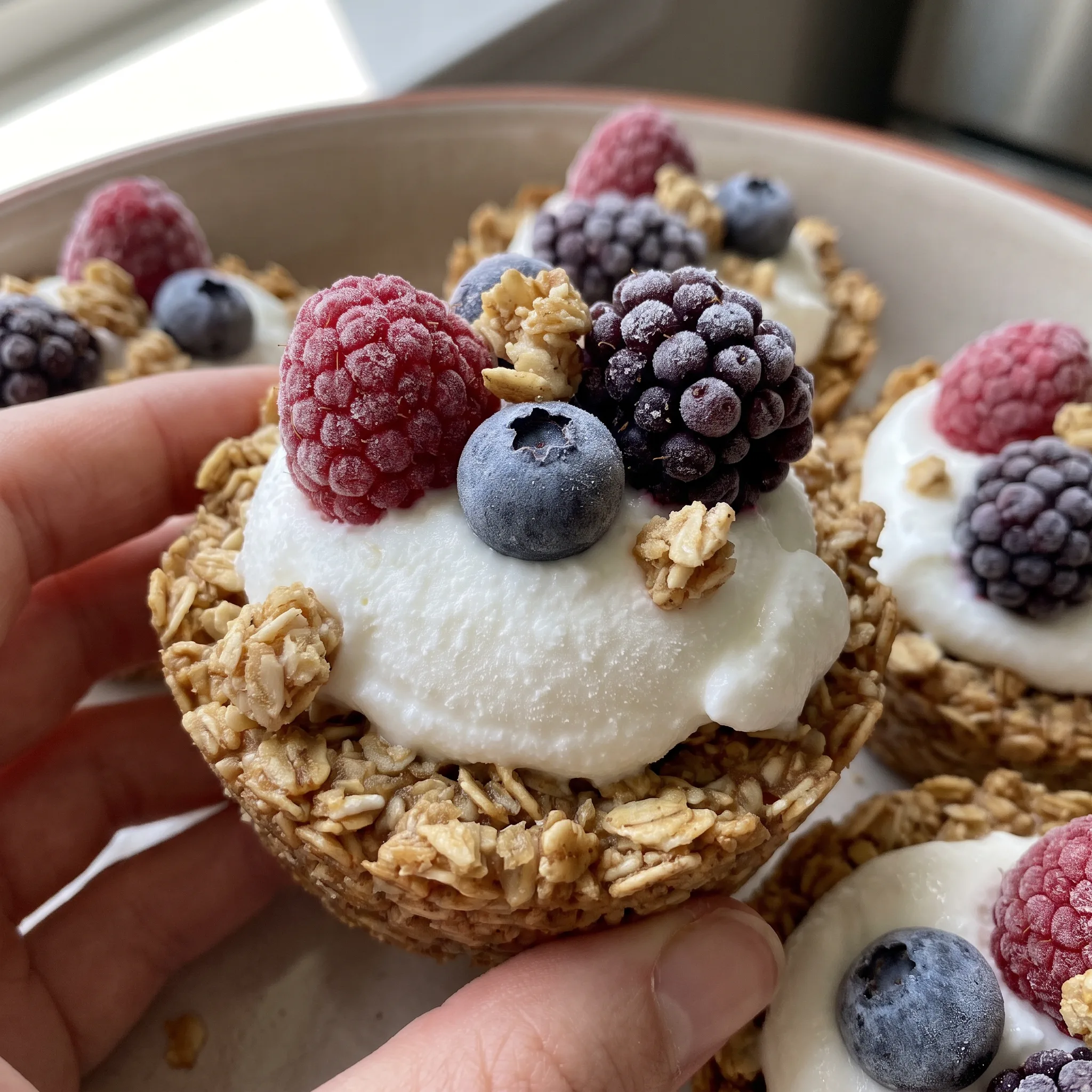 Granola cups filled with Greek yogurt and topped with fresh berries.