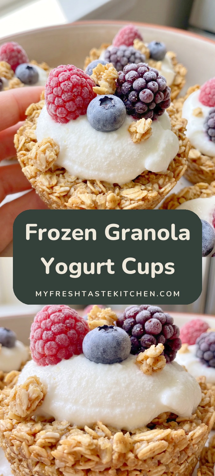 Granola cups filled with yogurt and topped with raspberries, blackberries and blueberries.