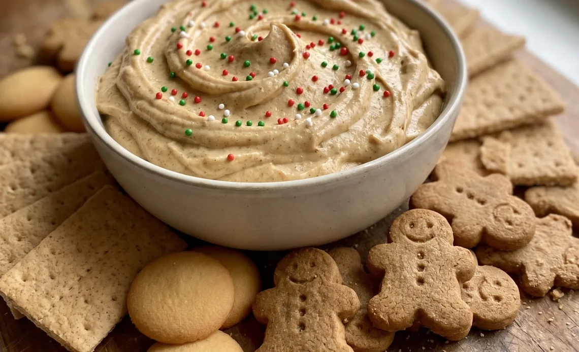 Gingerbread cheesecake dip with swirls of molasses and specks of ginger and cinnamon in a creamy beige base.