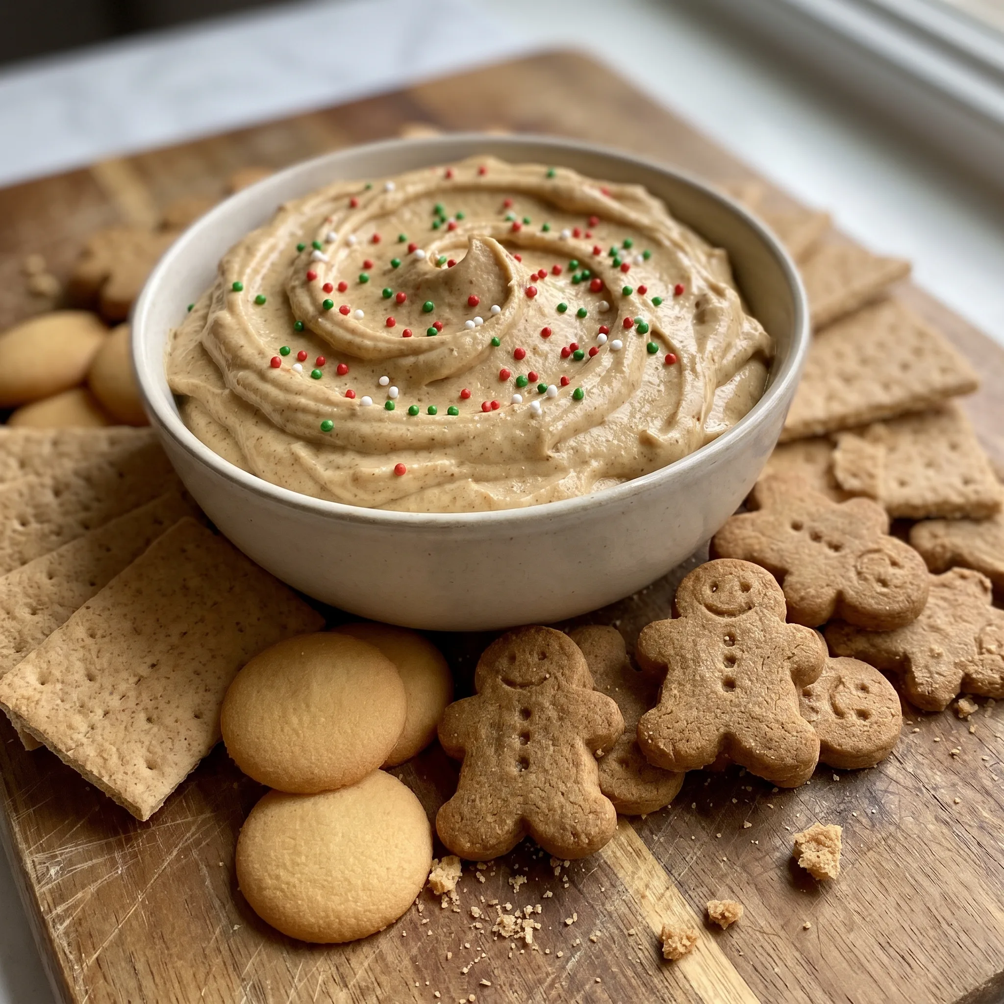 Gingerbread cheesecake dip with swirls of molasses and specks of ginger and cinnamon in a creamy beige base.
