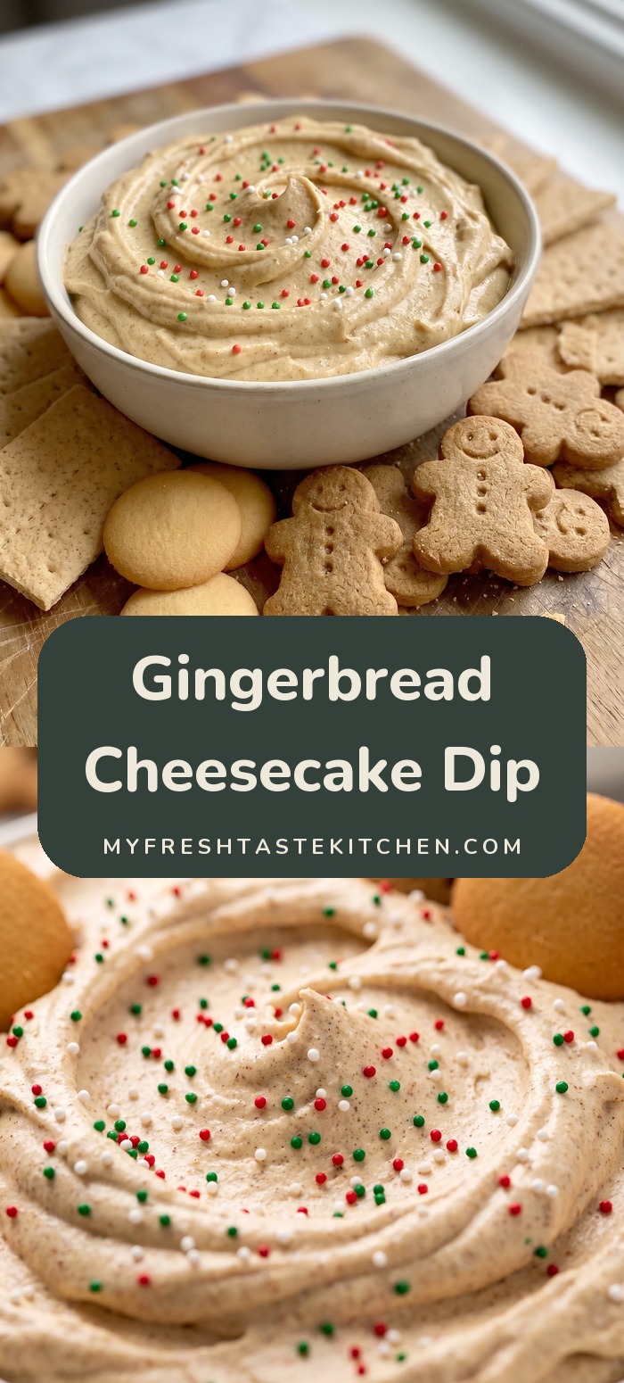 Creamy beige gingerbread cheesecake dip swirled with molasses and dusted with cinnamon and ginger, surrounded by graham crackers, gingerbread cookies, apple slices, and pretzels.