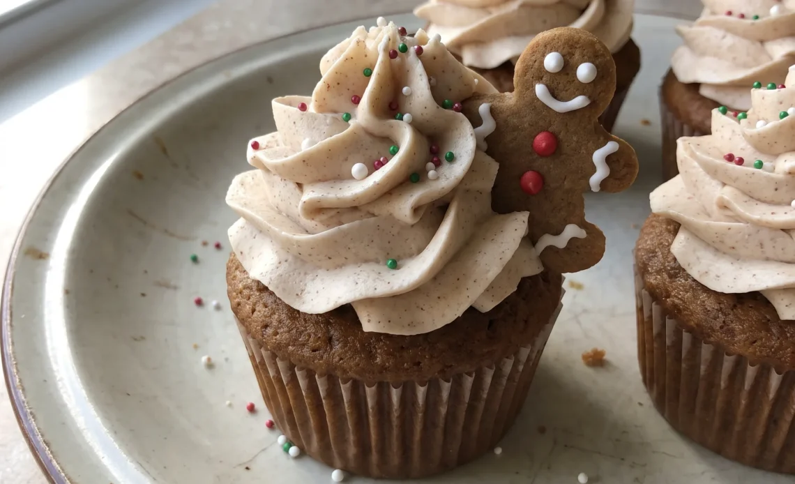 Gingerbread cupcakes with cinnamon frosting, each topped with a gingerbread cookie and sprinkles.
