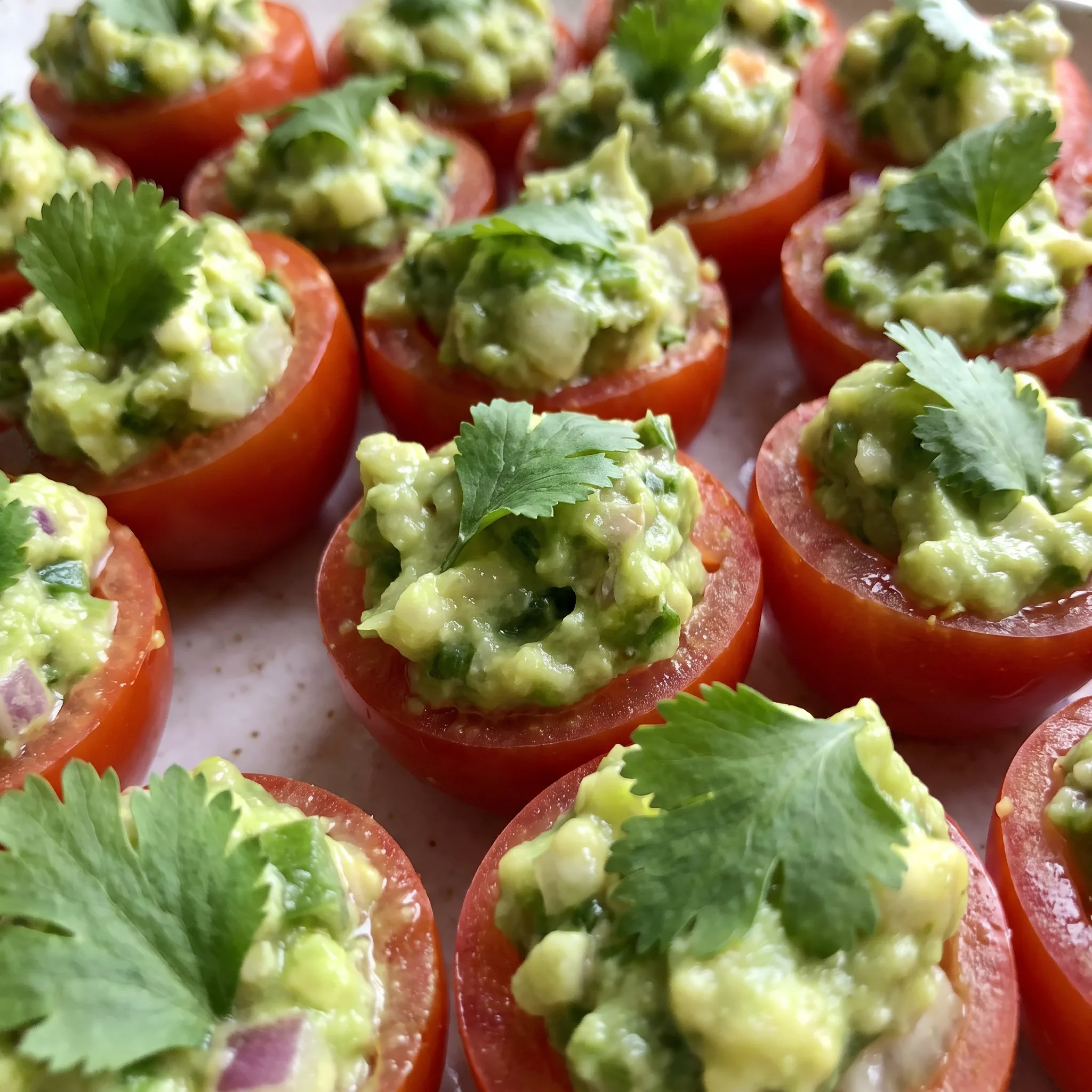 Creamy green avocado filling piped into halved red cherry tomatoes, garnished with fresh cilantro leaves and diced jalapeño.