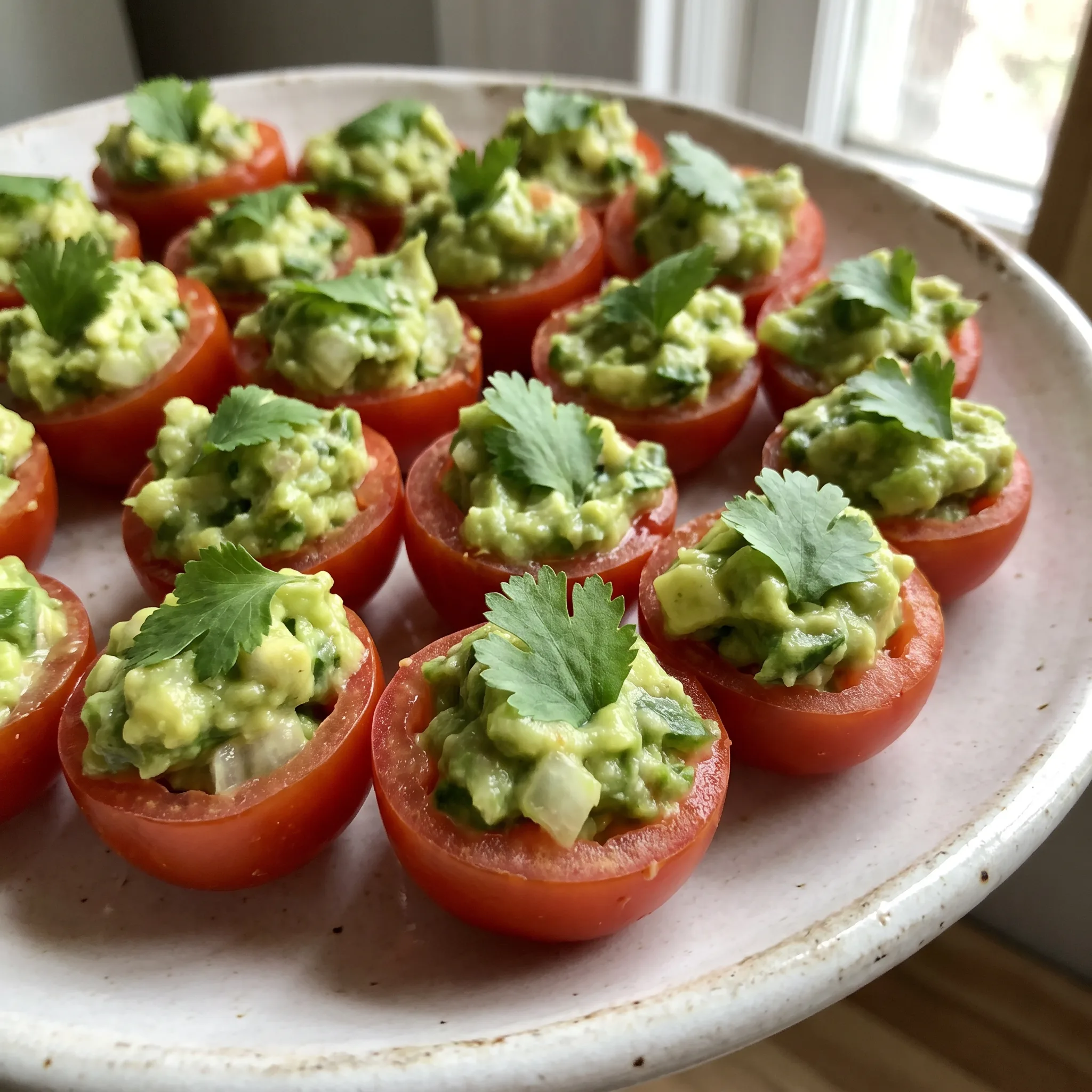 Guacamole stuffed cherry tomatoes filled with mashed avocado, topped with chopped cilantro and jalapeño, with lime wedges.
