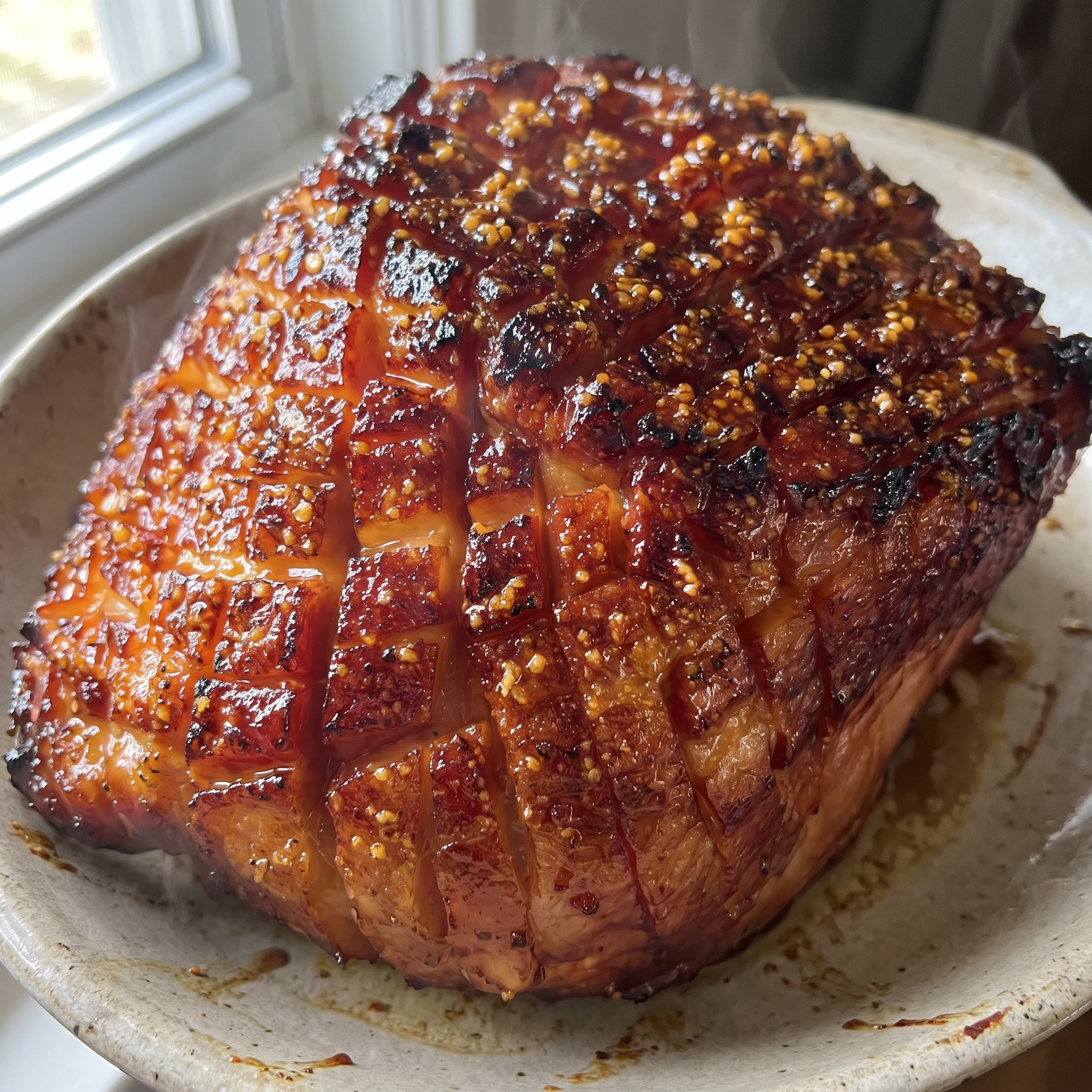 Glazed ham with a glossy honey and brown sugar coating, its surface speckled with Dijon mustard and caramelized edges.